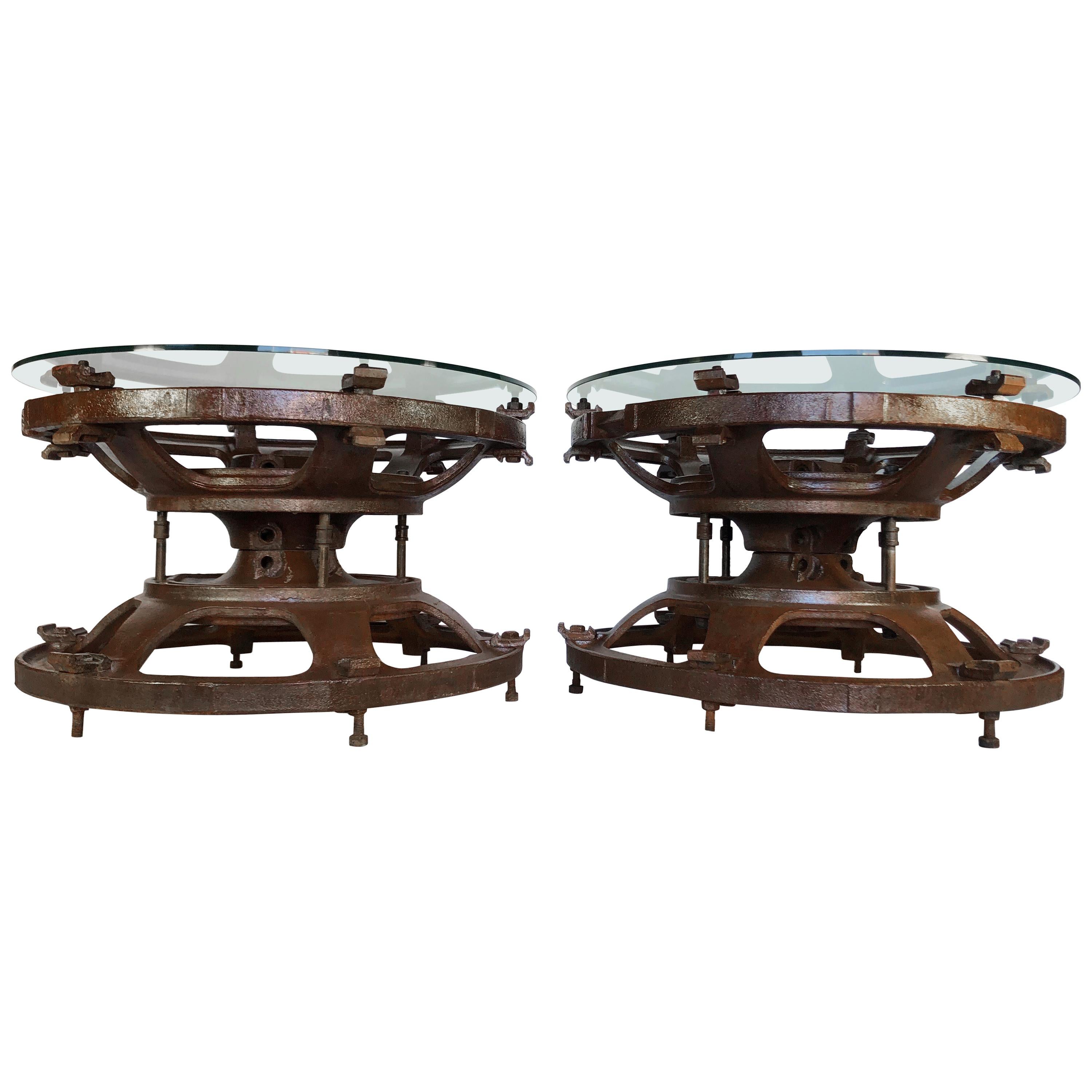 Pair of Industrial Tractor Wheel Tables For Sale