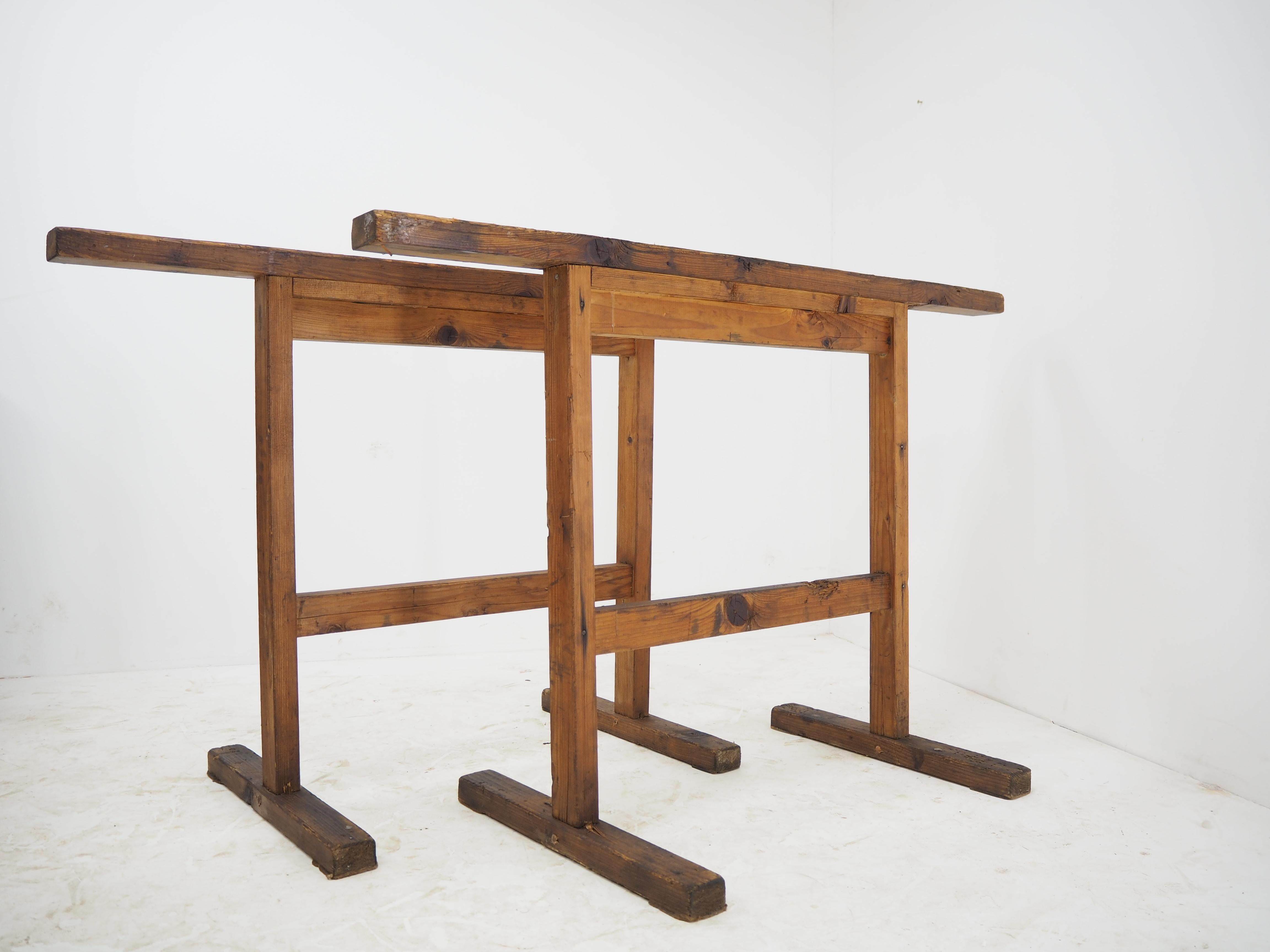 Czech Pair of Industrial Wood Trestle Table Bases, Early 20th Century For Sale