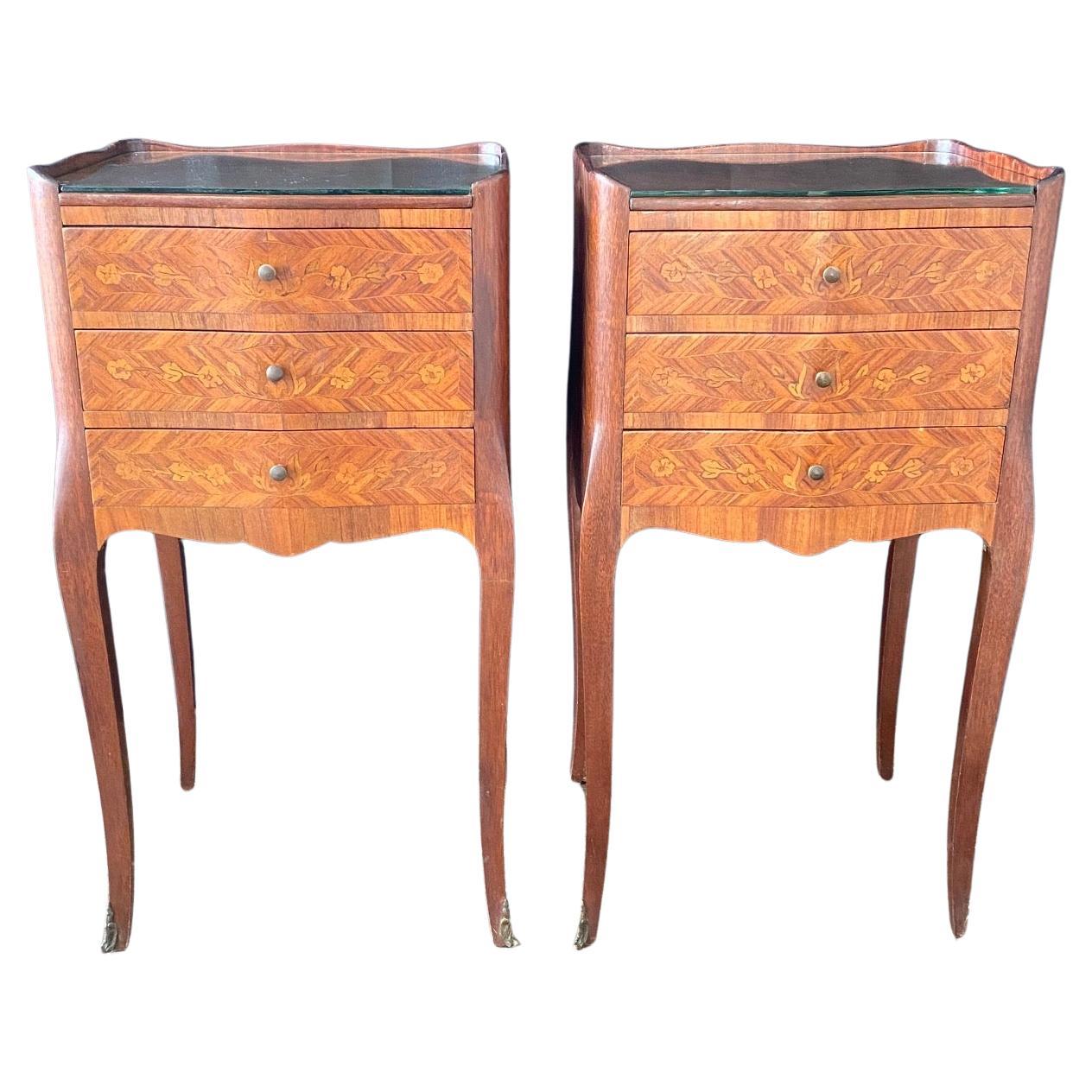 Pair of Inlaid Antique French Louis XV Walnut and Fruitwood Night Stands For Sale