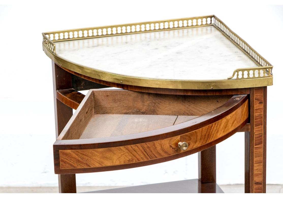 Pair Of Inlaid French Marble Top Triangular Corner Tables For Sale 4