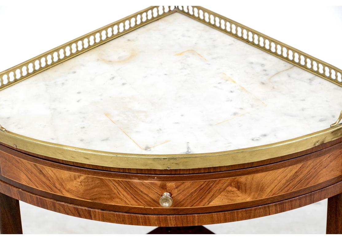 Inlay Pair Of Inlaid French Marble Top Triangular Corner Tables For Sale