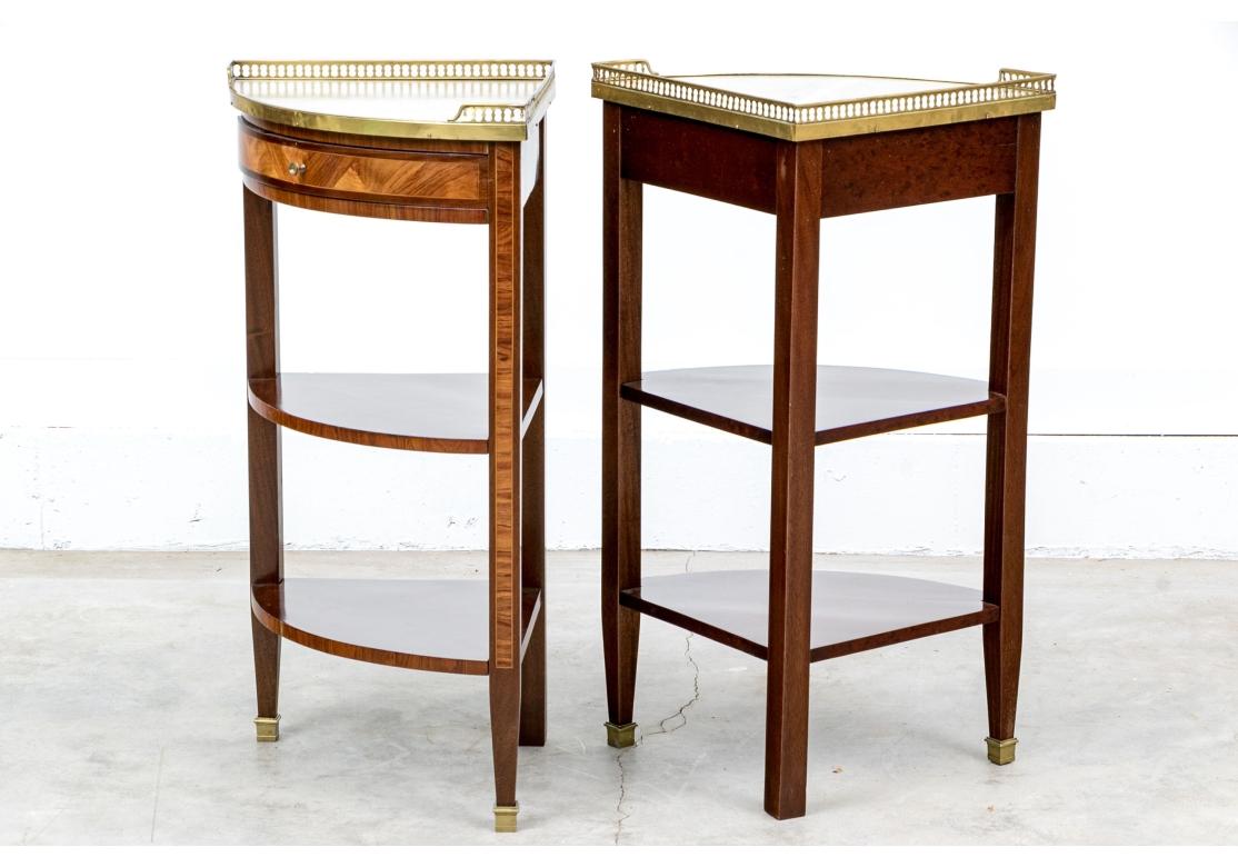 Brass Pair Of Inlaid French Marble Top Triangular Corner Tables For Sale