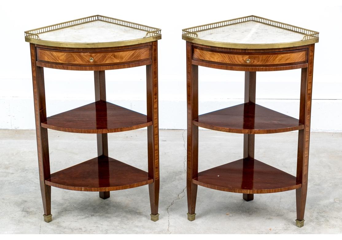 Pair Of Inlaid French Marble Top Triangular Corner Tables For Sale 2