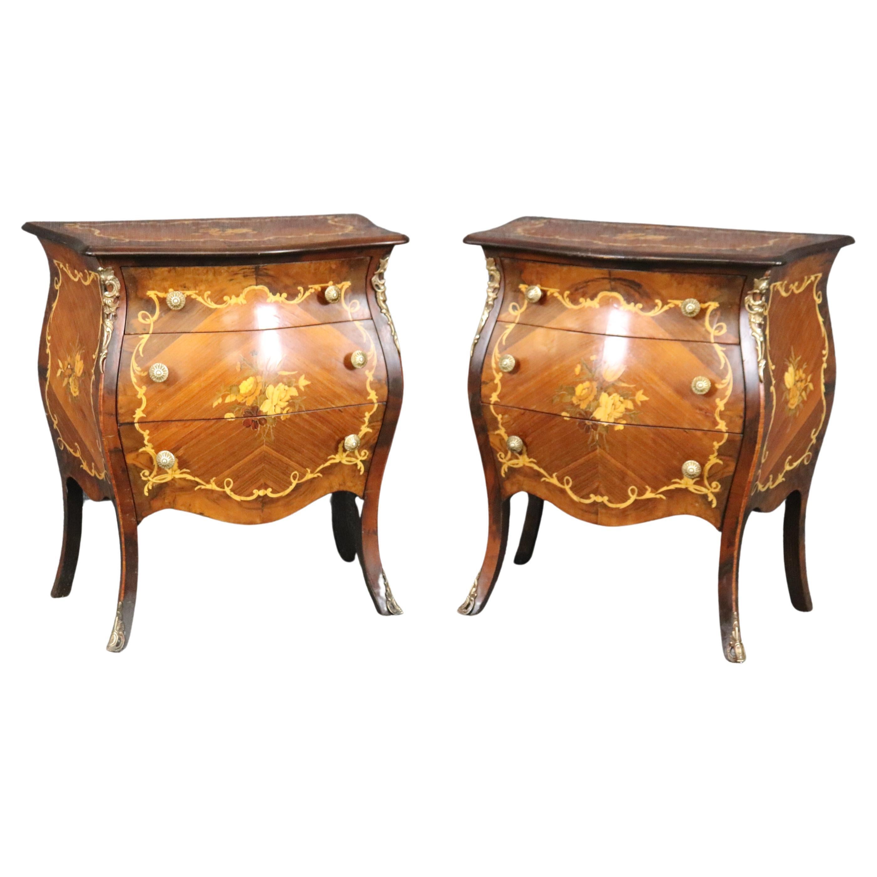 Pair of Inlaid Italian Bombe Night Stands Commodes Circa 1940 For Sale