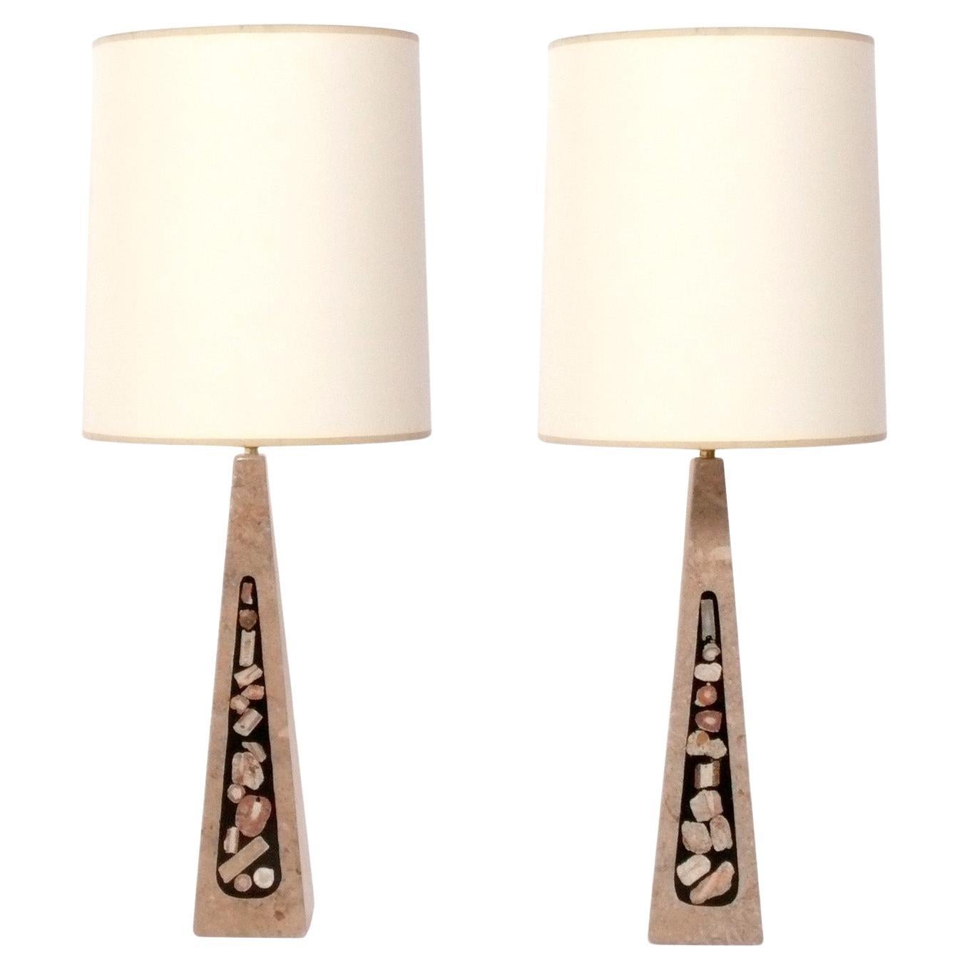 Pair of Inlaid Marble or Pietra Dura Mid Century Lamps