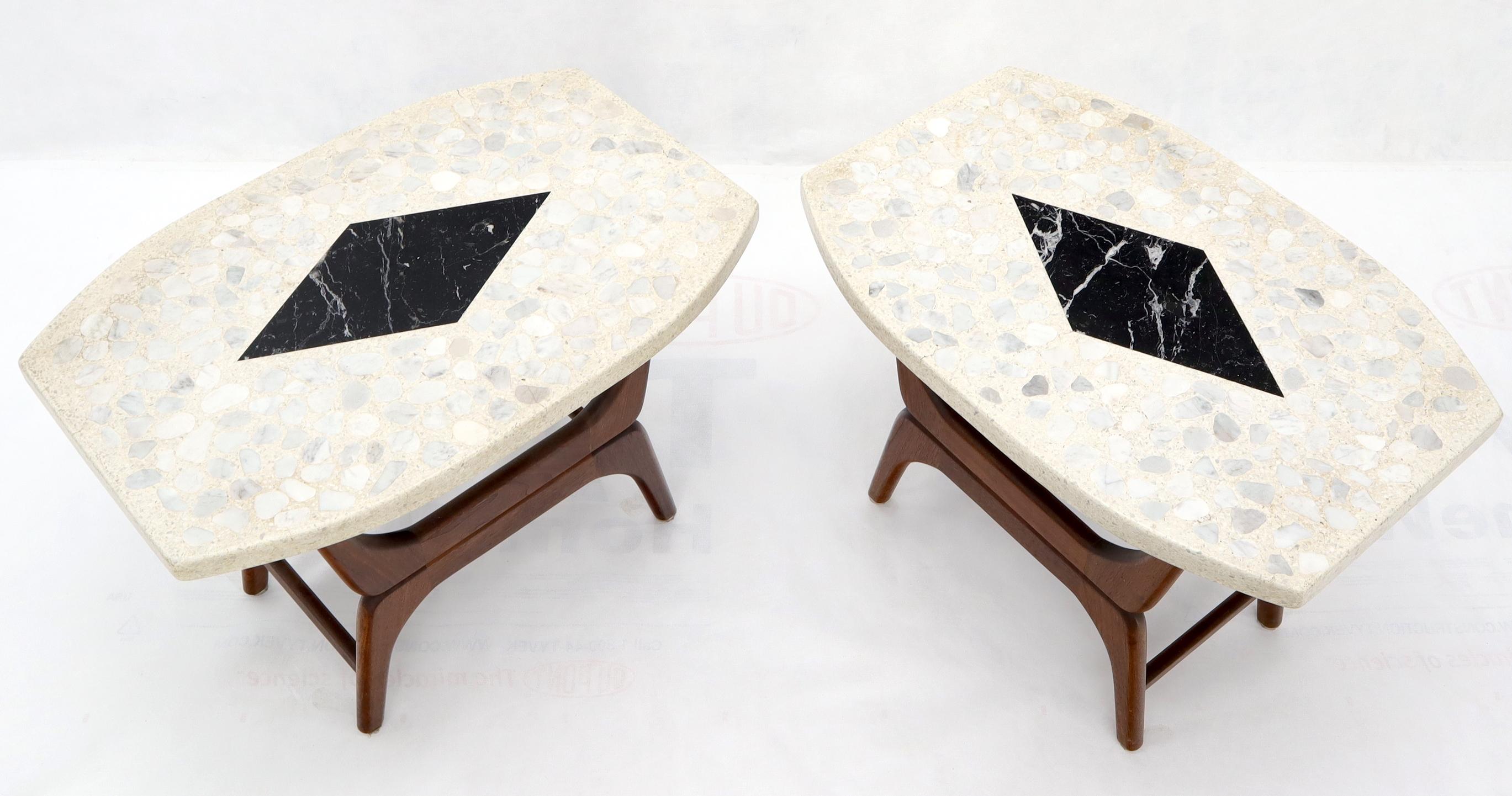 American Pair of Inlaid Terrazzo Boat Shape Tops Walnut Bases End Side Tables For Sale
