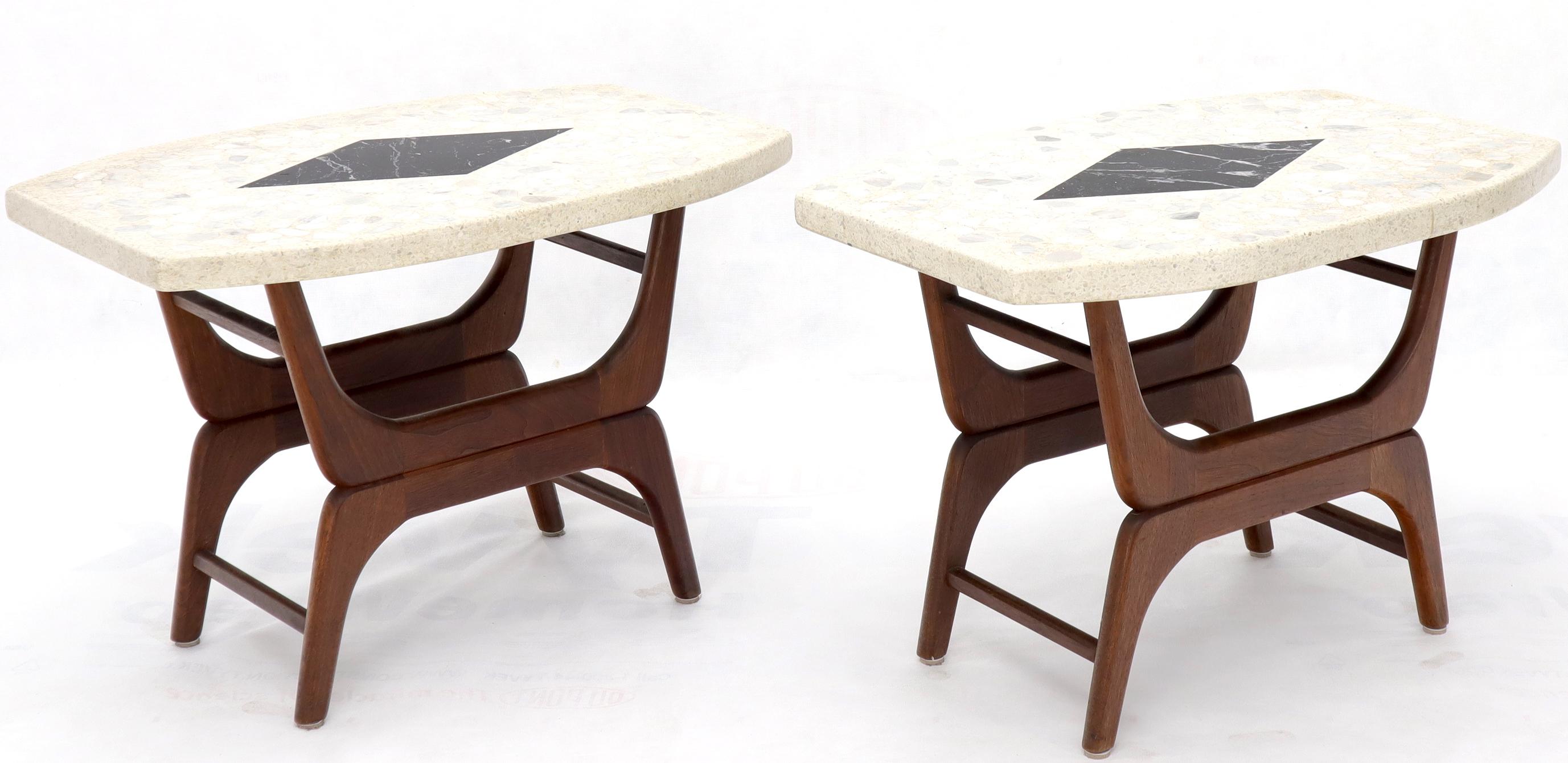 Oiled Pair of Inlaid Terrazzo Boat Shape Tops Walnut Bases End Side Tables For Sale