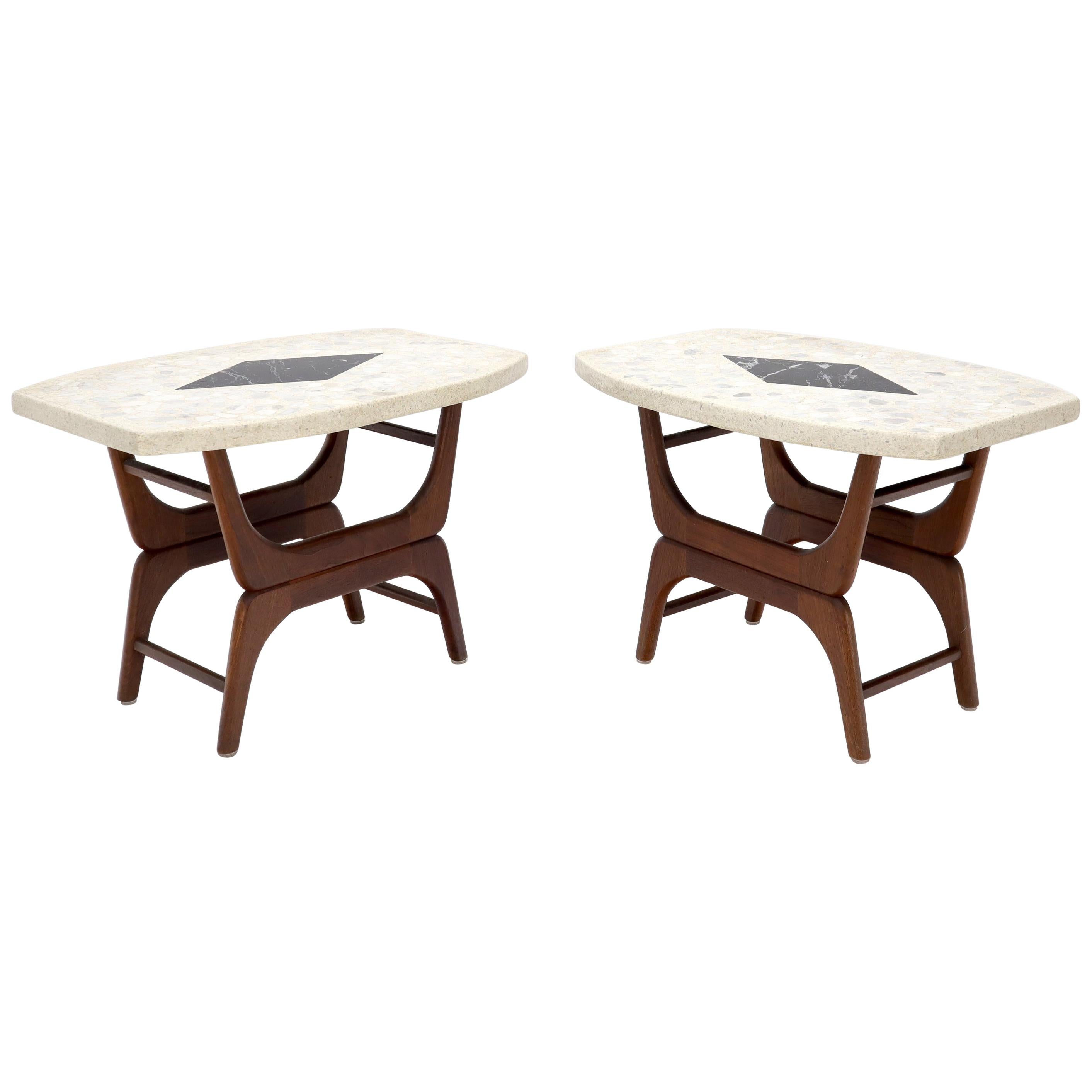 Pair of Inlaid Terrazzo Boat Shape Tops Walnut Bases End Side Tables For Sale