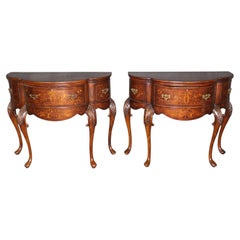 Pair of Inlaid Walnut Edwardian Style Consoles by John Richard with Parrots