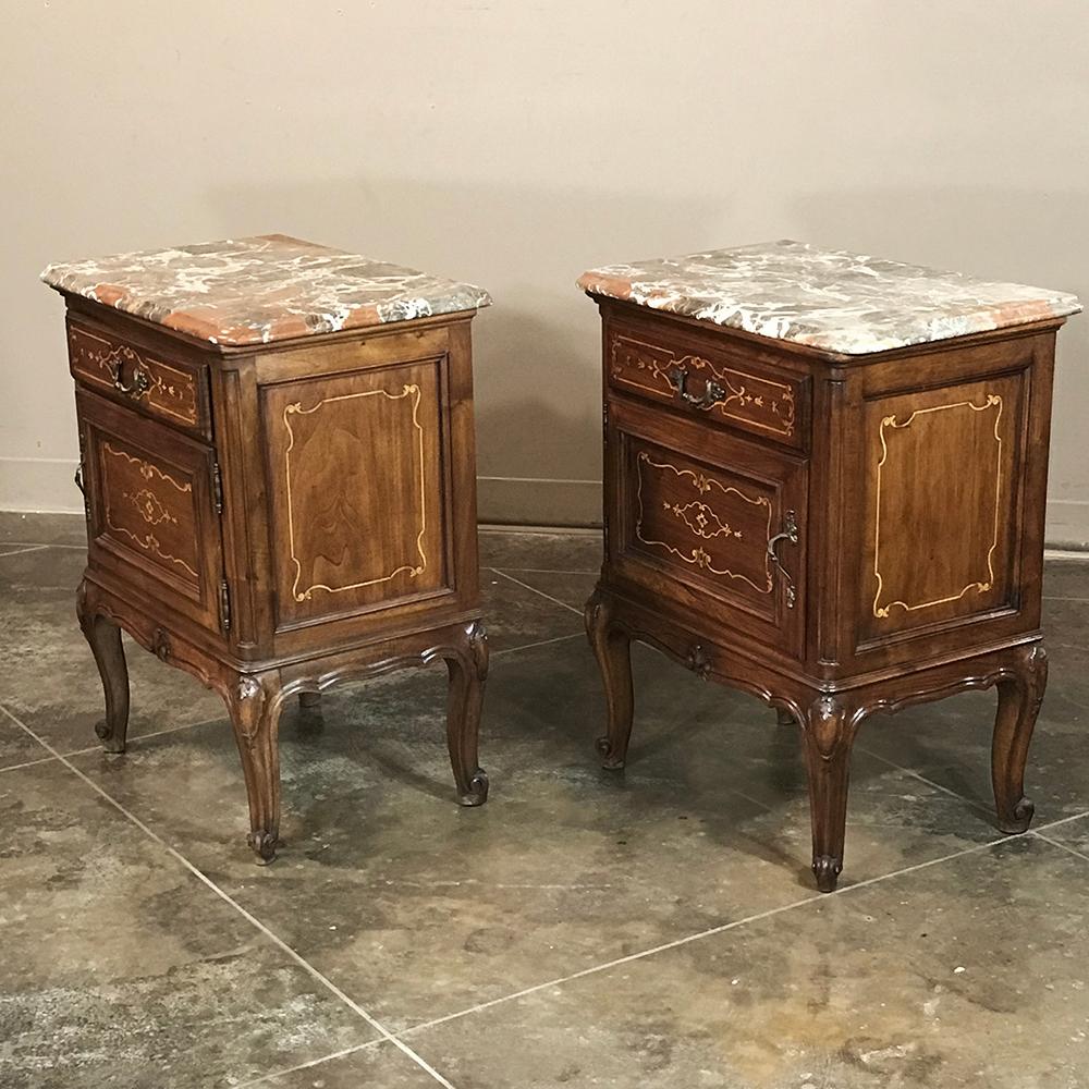 Rococo Pair of Inlaid Walnut Italian Piedmontese Breccia Marble Top Nightstands