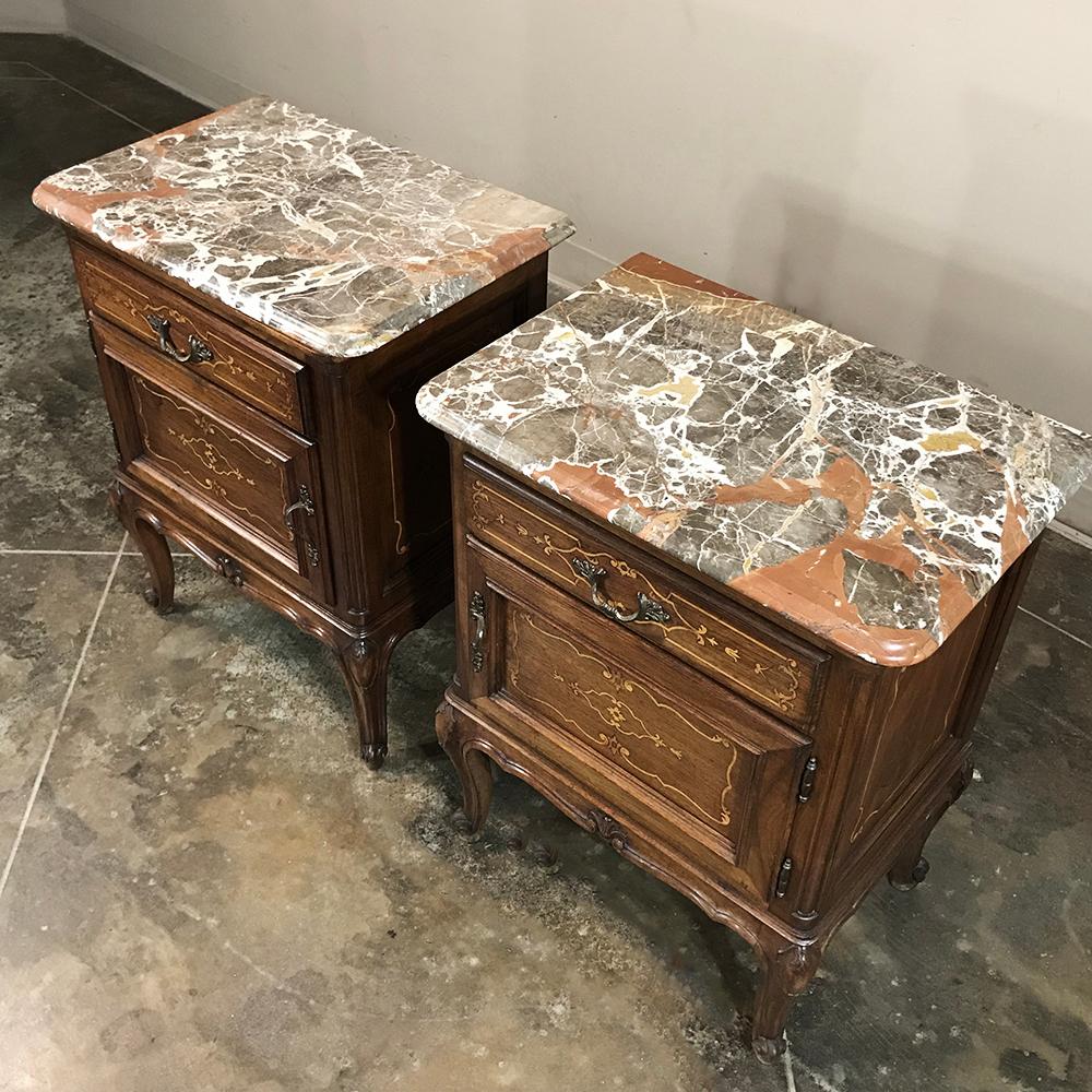 20th Century Pair of Inlaid Walnut Italian Piedmontese Breccia Marble Top Nightstands