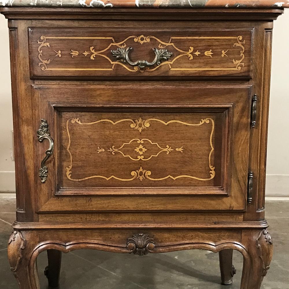 Pair of Inlaid Walnut Italian Piedmontese Breccia Marble Top Nightstands 2