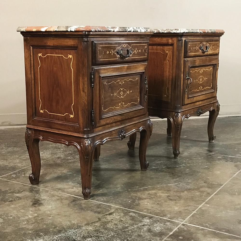 Pair of Inlaid Walnut Italian Piedmontese Breccia Marble Top Nightstands 3