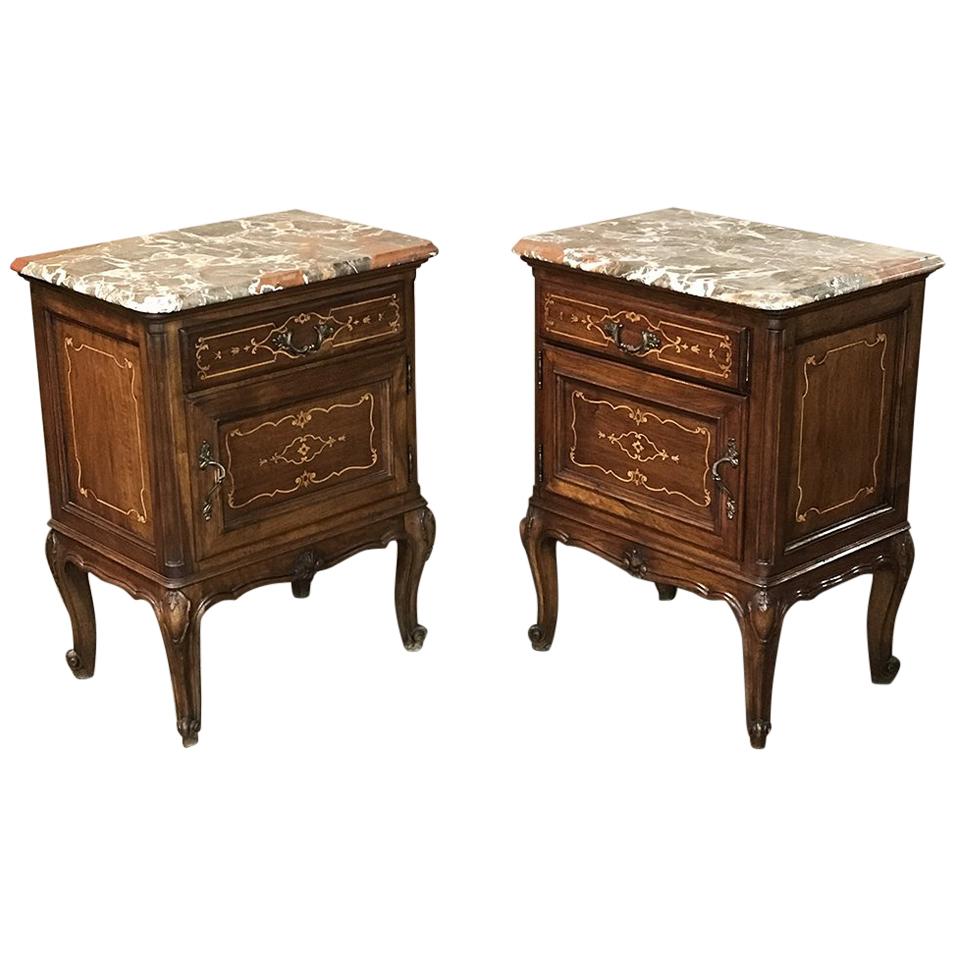 Pair of Inlaid Walnut Italian Piedmontese Breccia Marble Top Nightstands