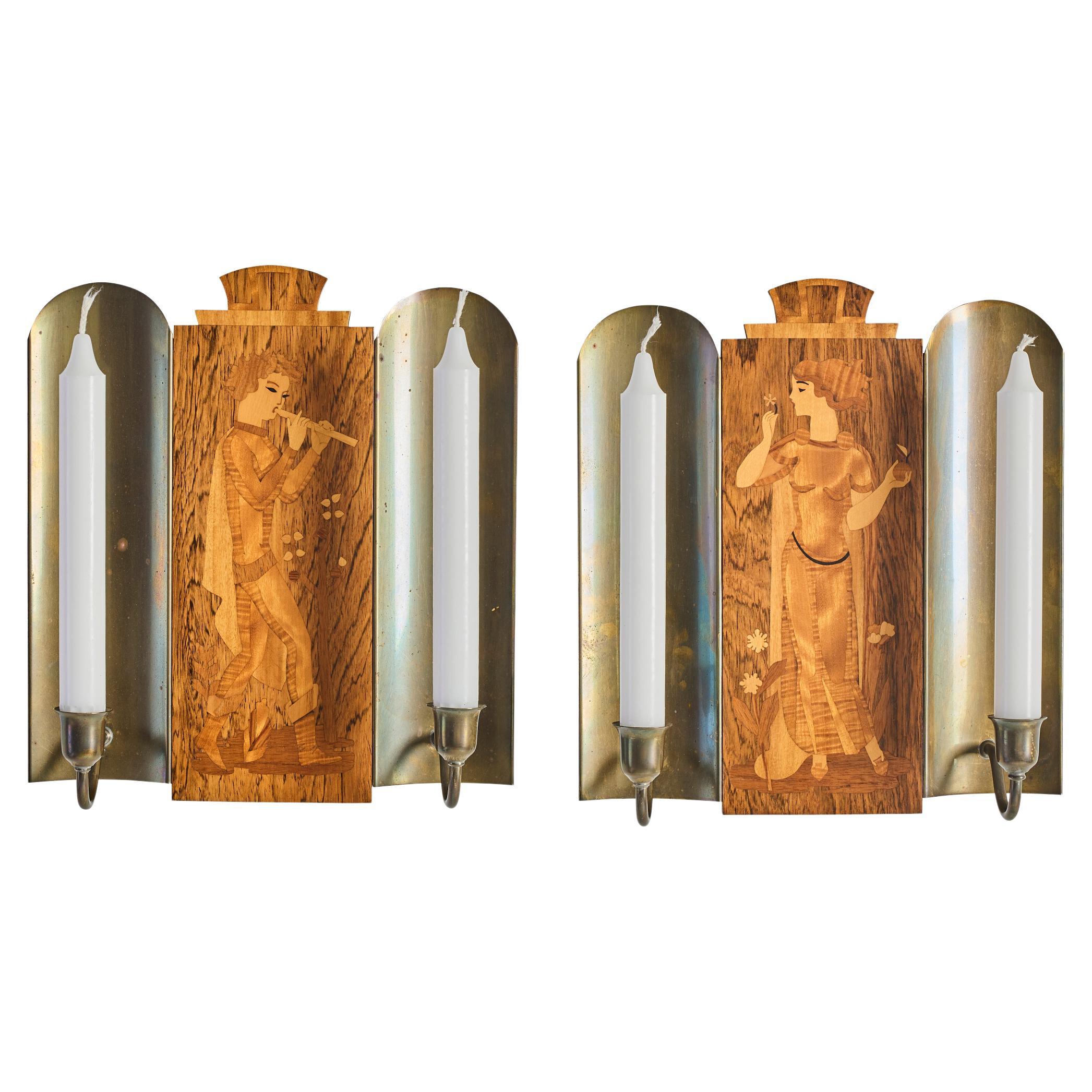 Pair of Intarsia Wall Sconces, Birger Ekman for Mjölby Intarsia, Sweden
