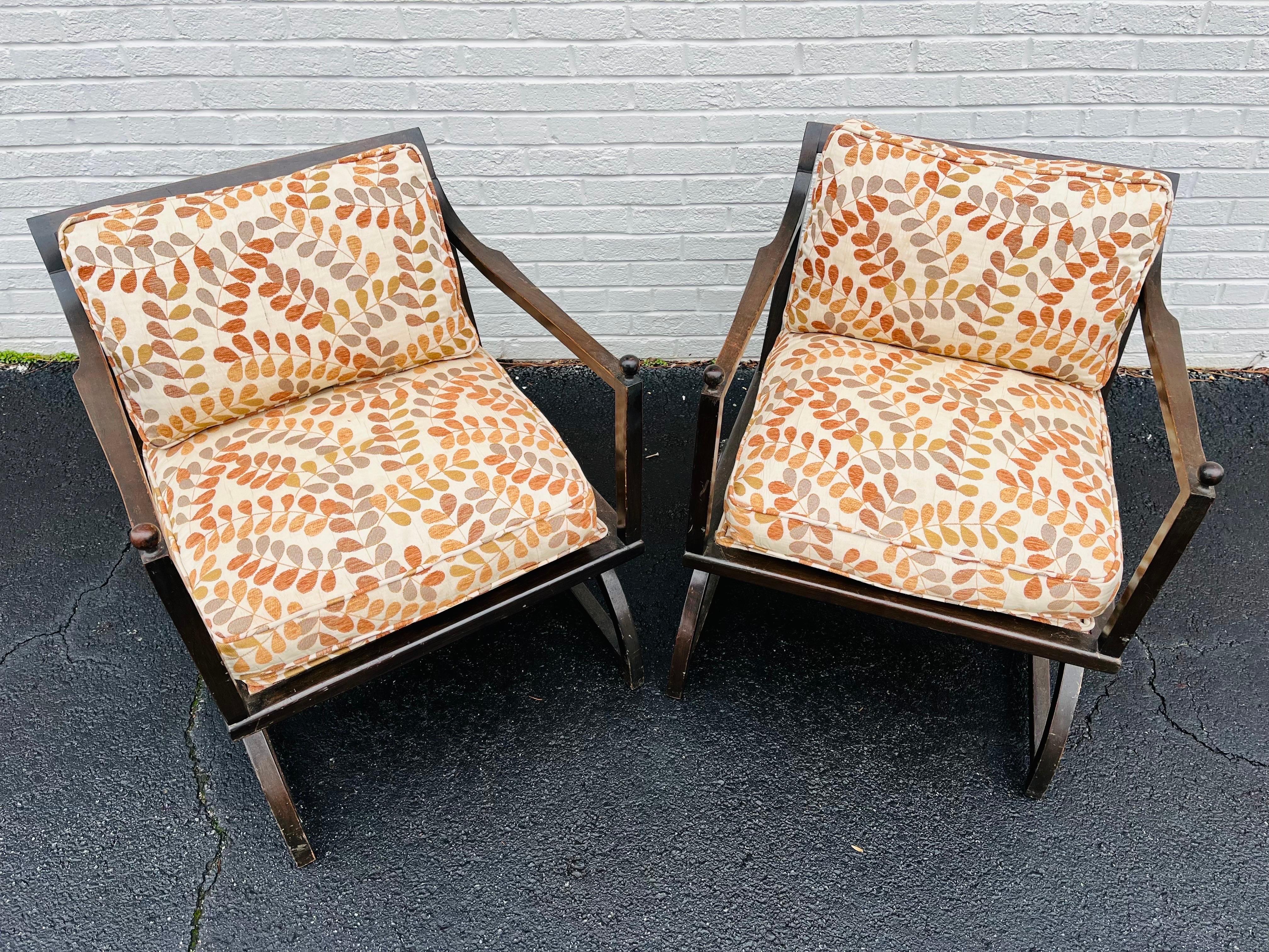 Pair of Interesting Wood Slat Arm Chairs with a Vienna Secession Sensibility In Fair Condition For Sale In Atlanta, GA