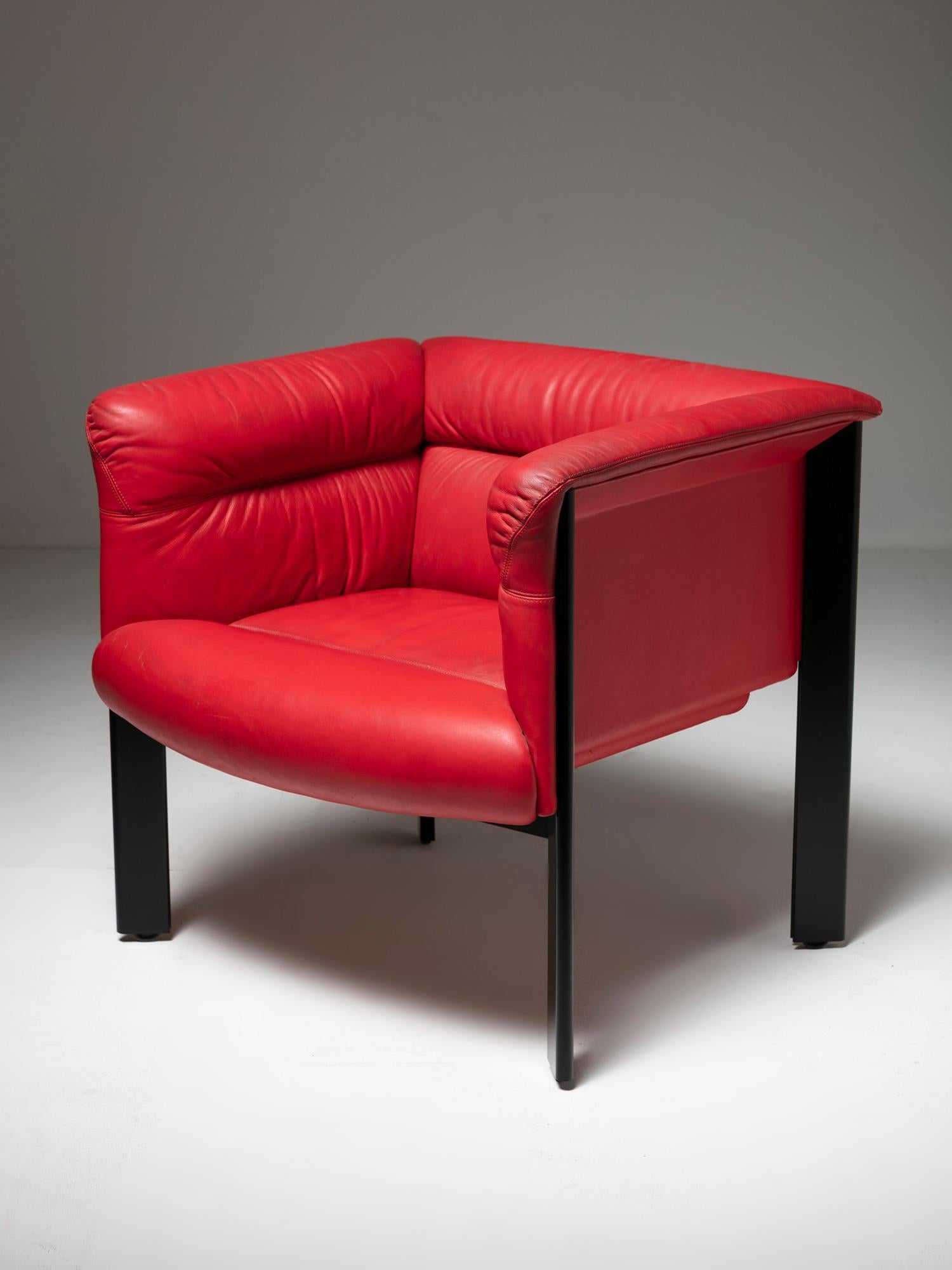 Rare set of interlude chairs by Marco Zanuso for Poltrona Frau.
Compact piece with bent steel frame and high quality red leather.
This model was especially designed to celebrate 75th anniversary of Poltrona Frau manufacturer.