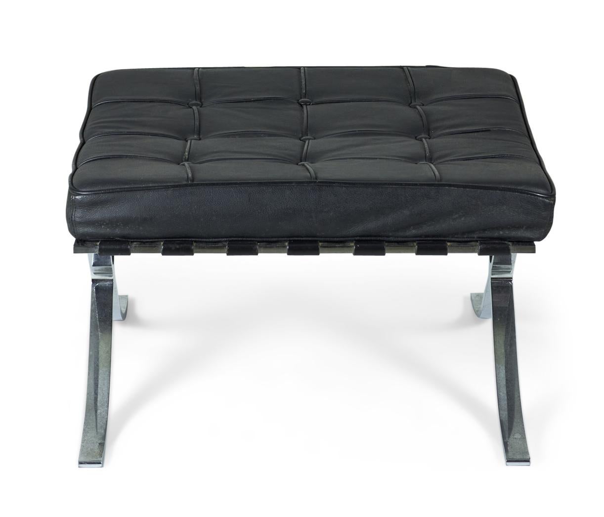 Mid-Century Modern Pair of International Style Black Tufted Leather and Chrome Benches For Sale