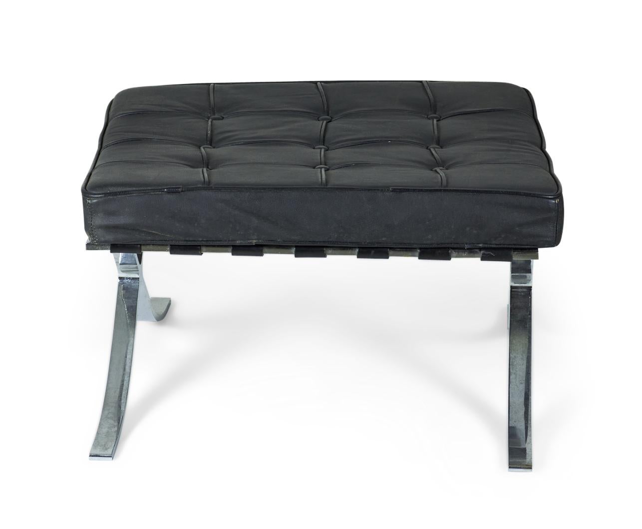 Metal Pair of International Style Black Tufted Leather and Chrome Benches For Sale