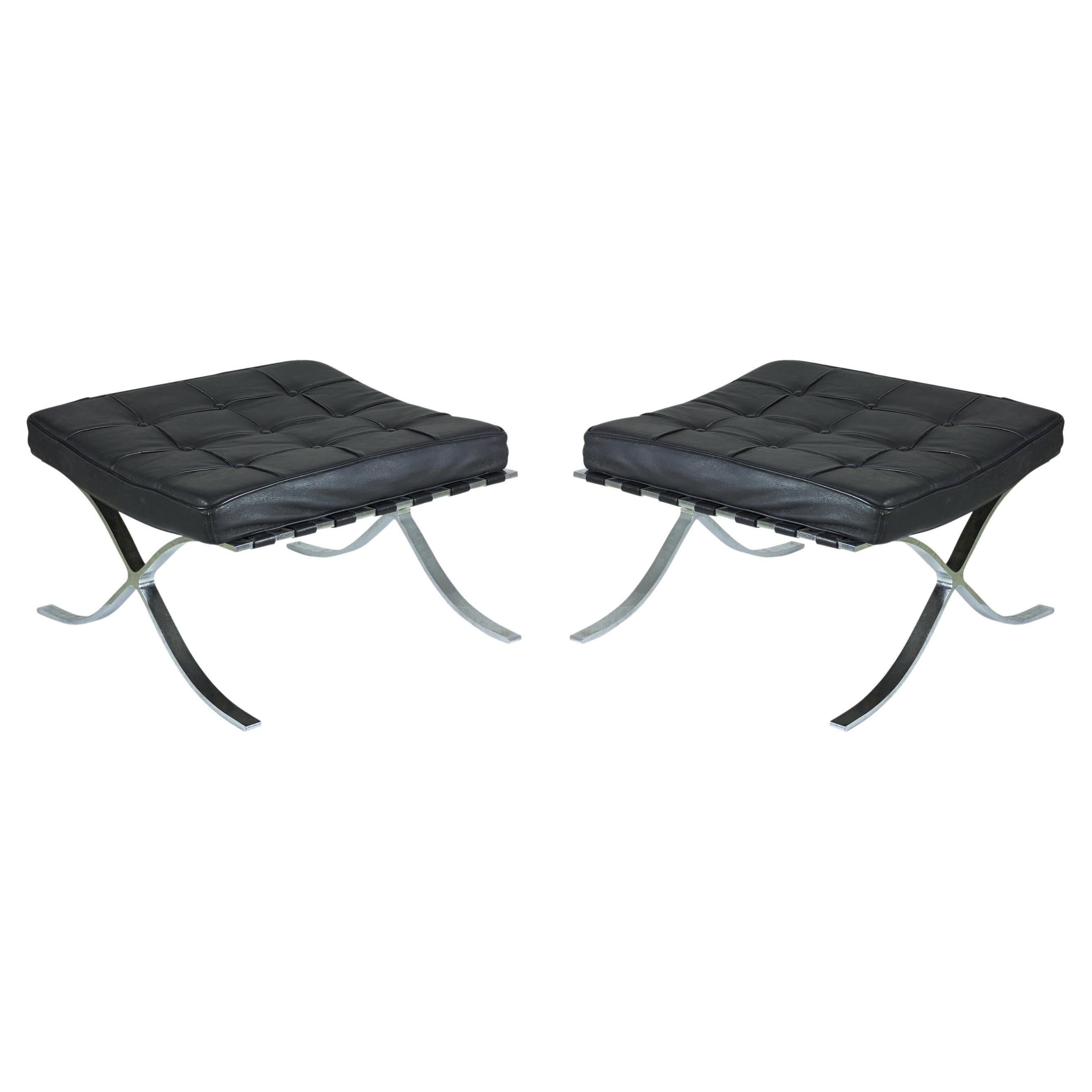 Pair of International Style Black Tufted Leather and Chrome Benches For Sale