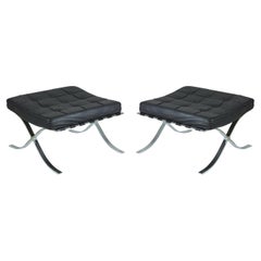 Pair of International Style Black Tufted Leather and Chrome Benches