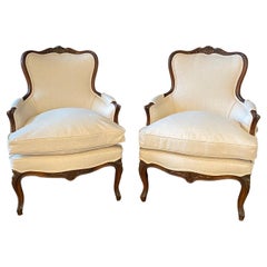 Pair of Intricately Carved 19th Century French Louis XV Style Bergère Armchairs