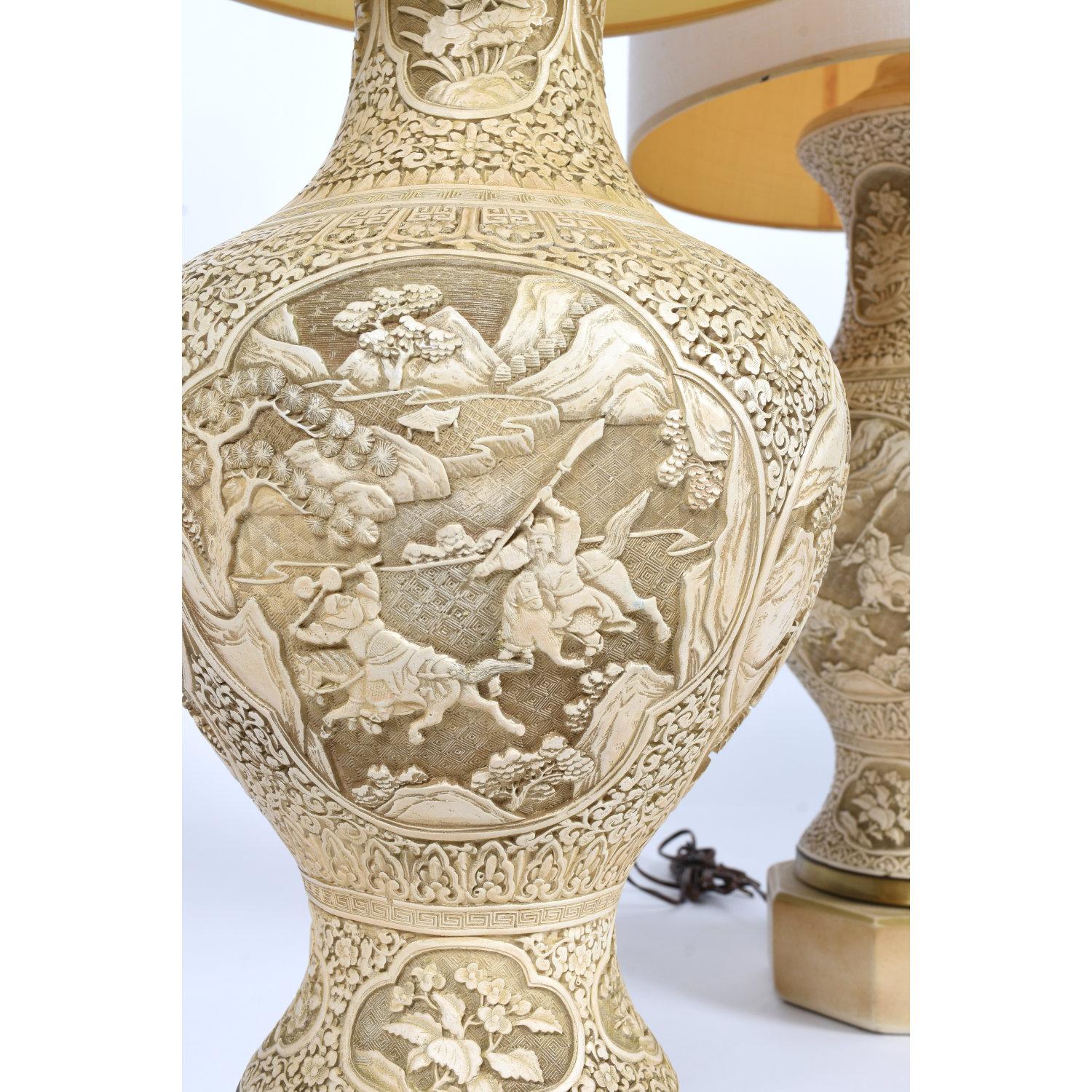 Pair of Intricately Carved Ivory Color Chinese Asian Chalkware Lamps 7