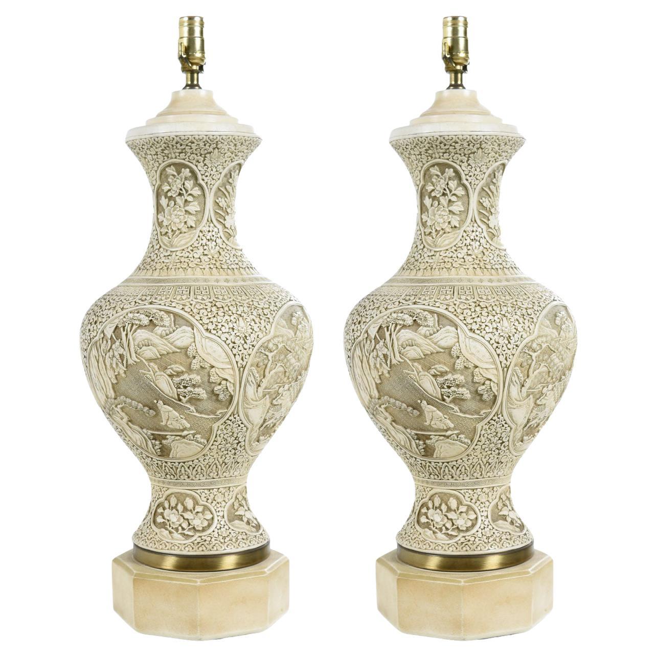 Pair of Intricately Carved Ivory Color Chinese Asian Chalkware Lamps In Excellent Condition In Chattanooga, TN