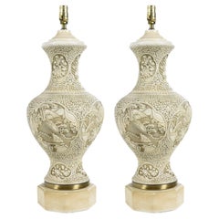 Pair of Intricately Carved Ivory Color Chinese Asian Chalkware Lamps