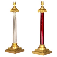 Pair of Ionic Column Table Lamps in Brass with Ruby and Clear Glass