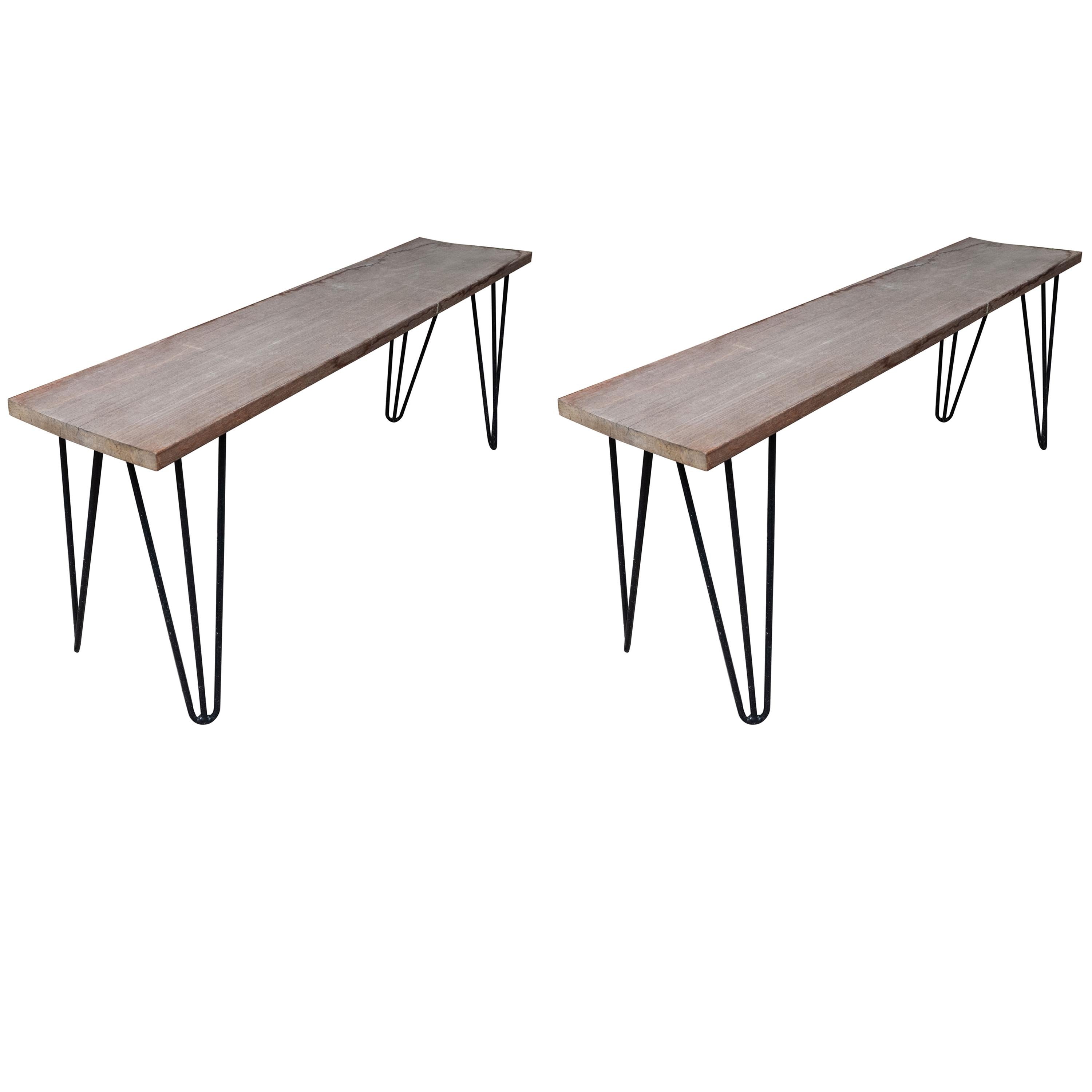 Pair of Ipe and Black Iron Hairpin Leg Benches, Short