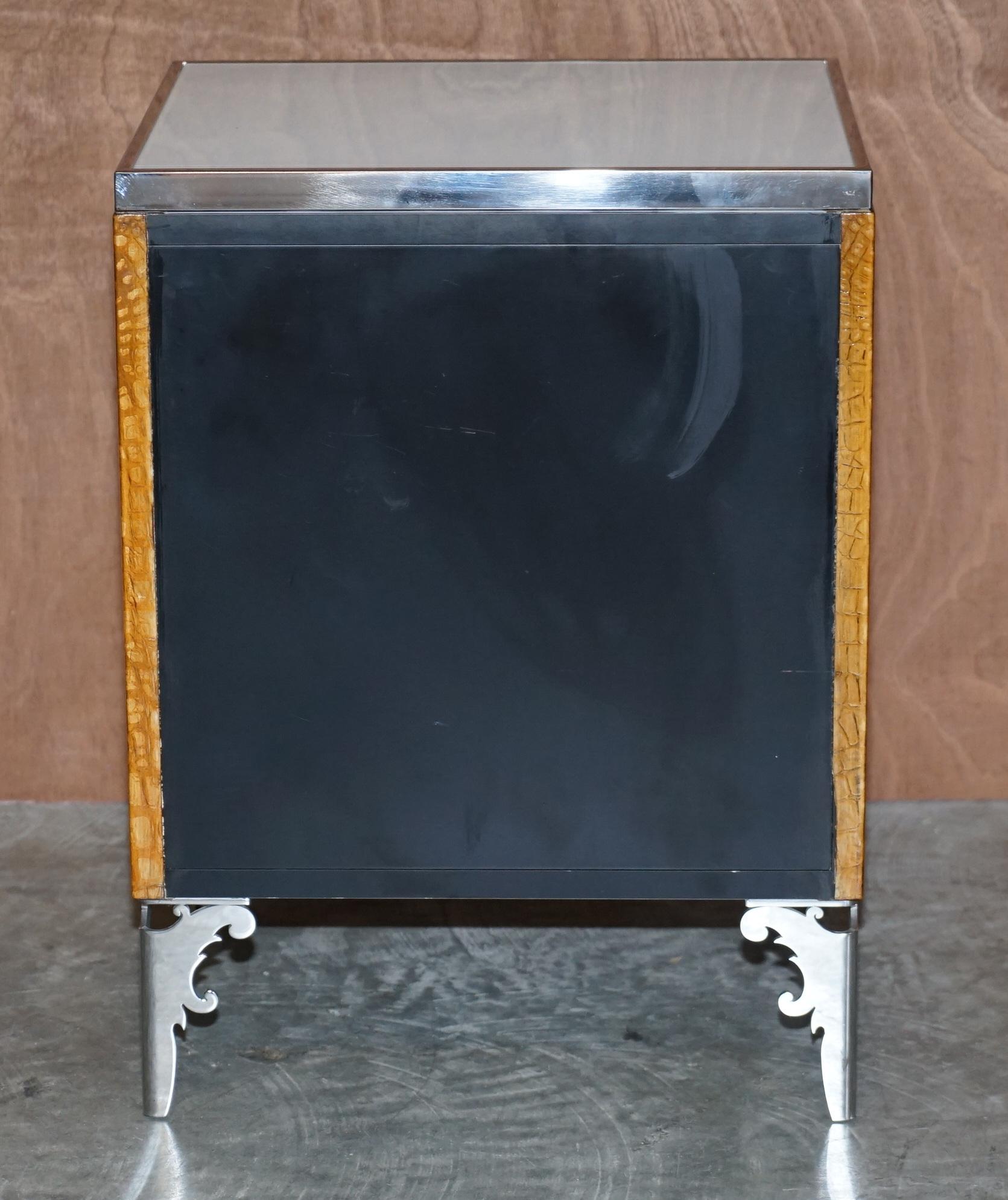 Pair of Ipe Cavalli Crocodile Leather Bedside Tables Chrome Finish For Sale 1