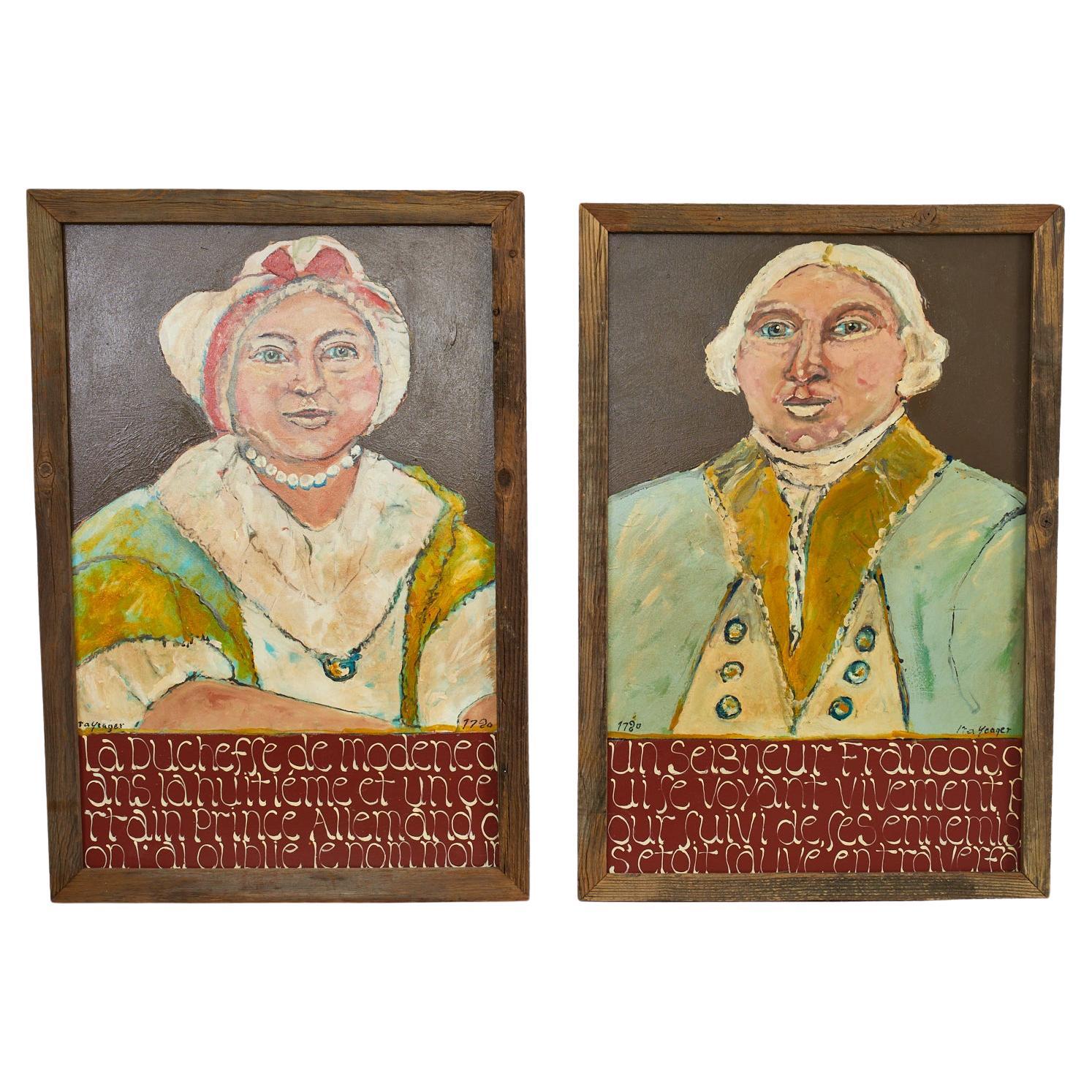 Pair of Ira Yeager Paintings 18th Century Couple For Sale