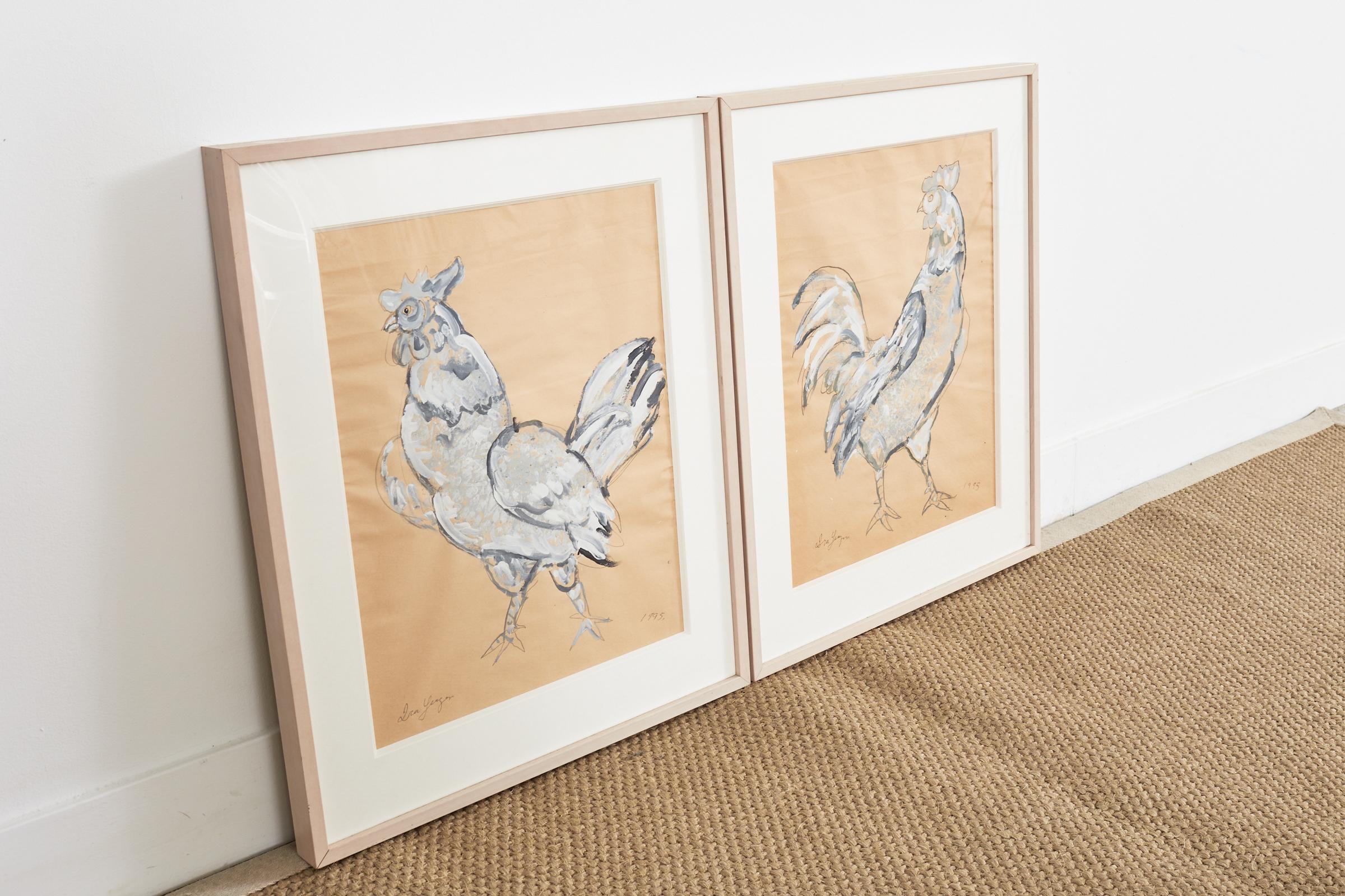 Country Paire de peintures de poulets d'Ira Yeager, 1995 en vente