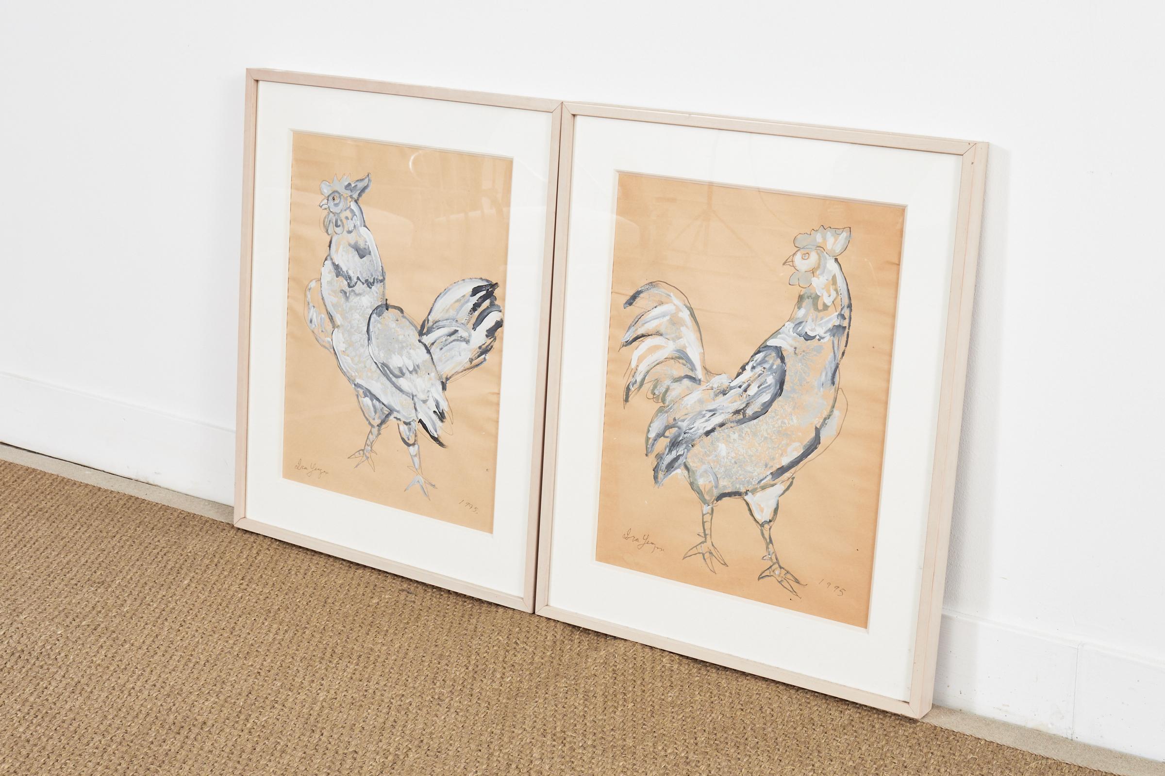 Country Pair of Ira Yeager Paintings of Chickens 1995 For Sale