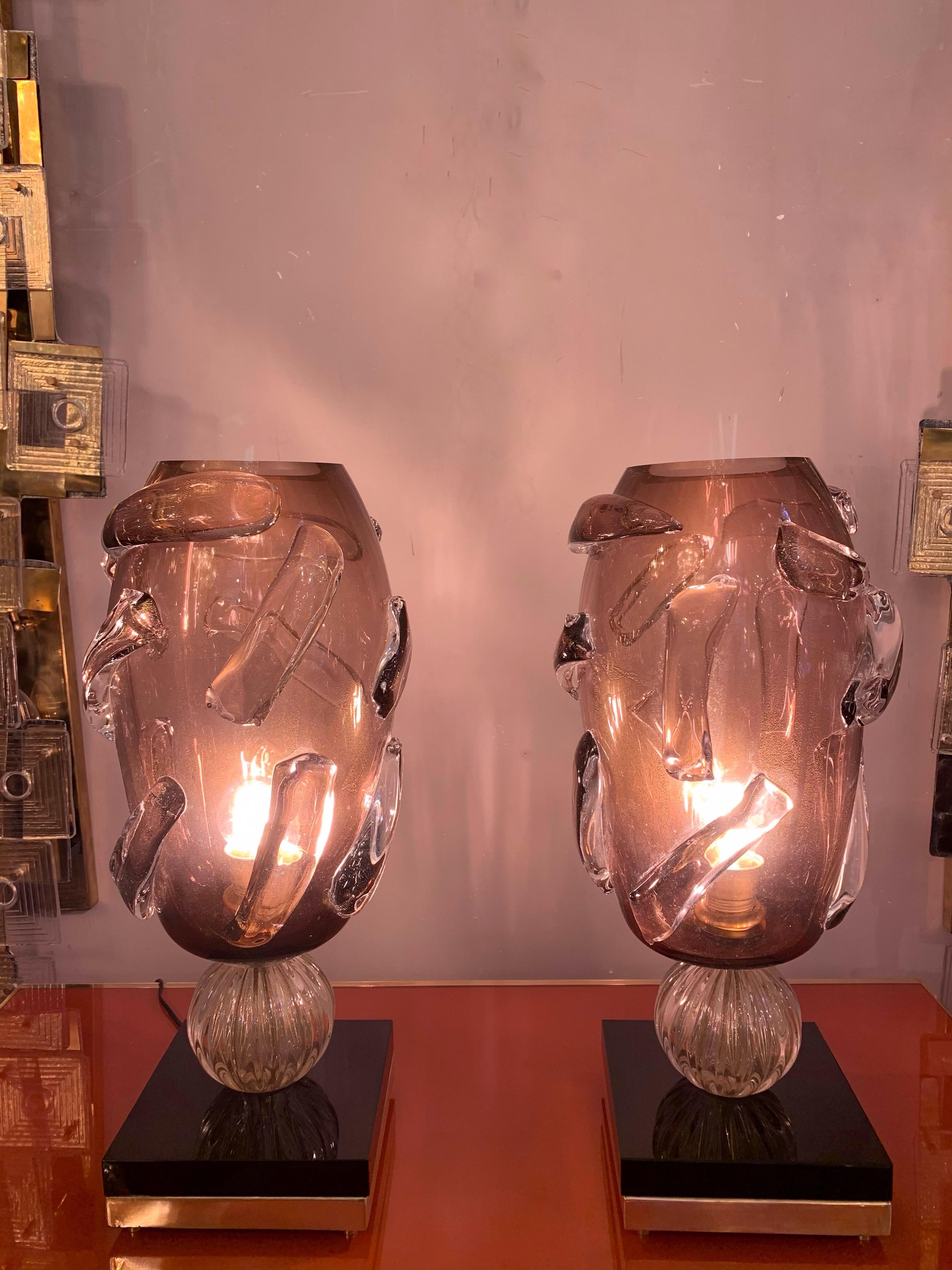 Pair of Iridescent Amethyst and Gold Murano Glass Table Lamps, Costantini, 1980s 7