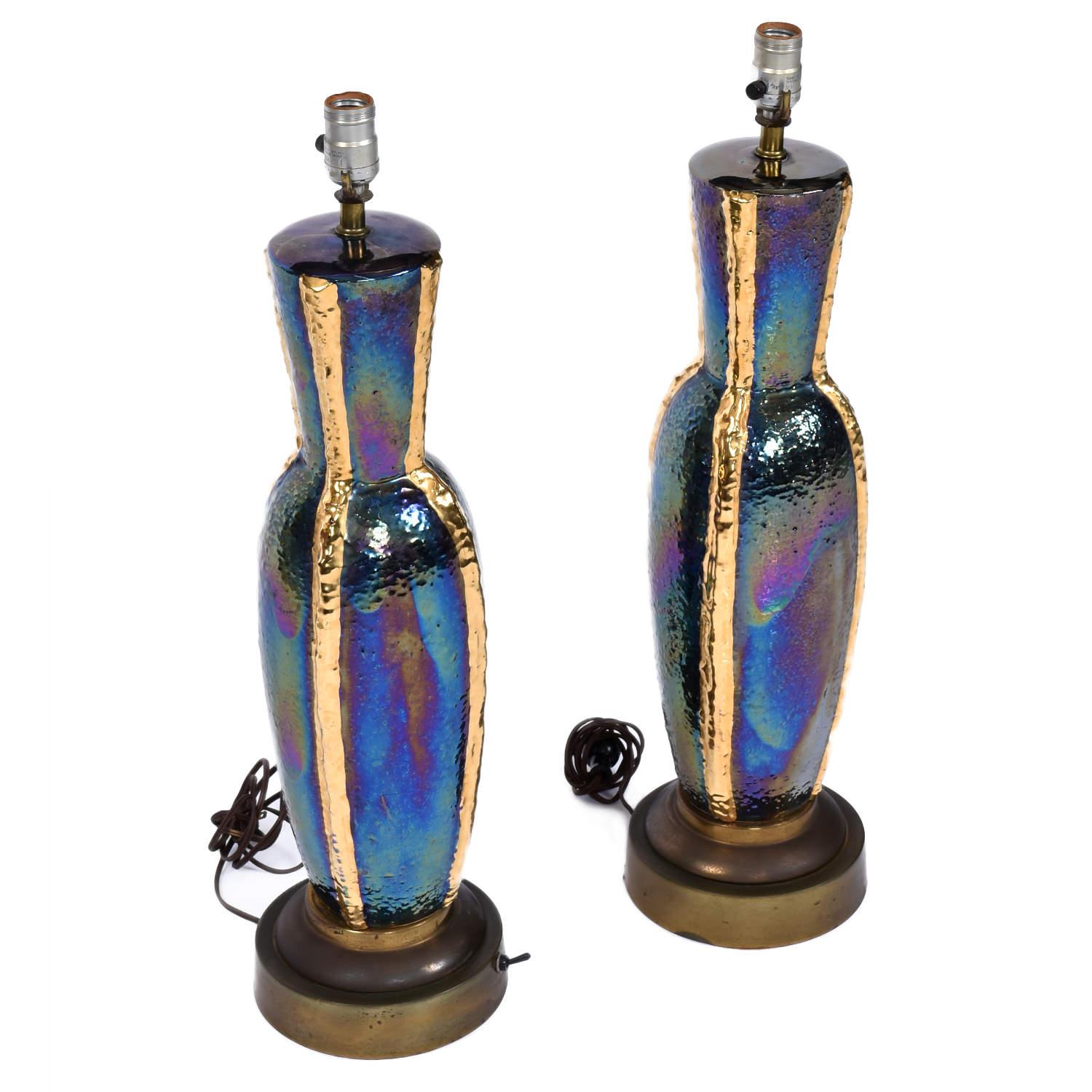 American Pair of Iridescent Blue and Gold Mid-Century Modern Urn Shaped Ceramic Lamps For Sale