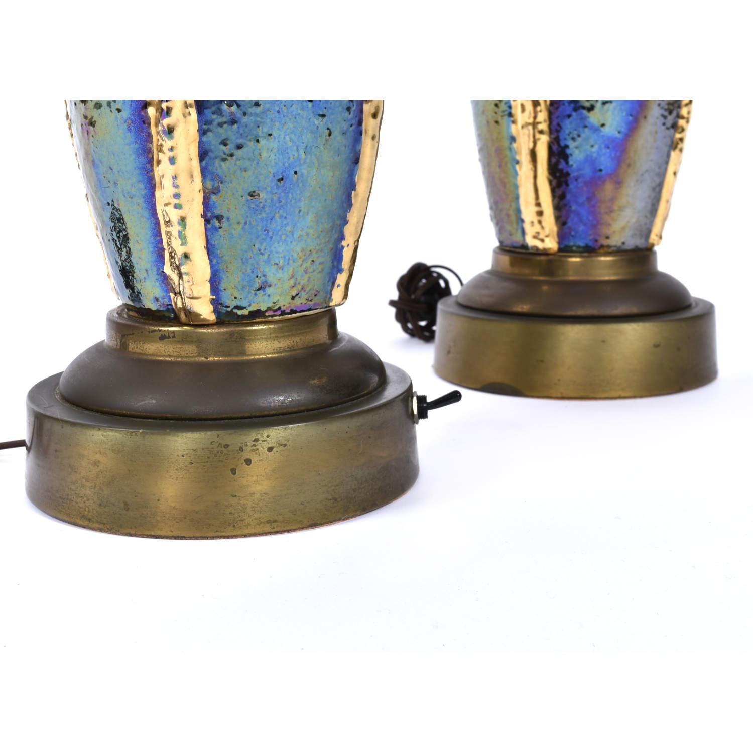 Mid-20th Century Pair of Iridescent Blue and Gold Mid-Century Modern Urn Shaped Ceramic Lamps For Sale