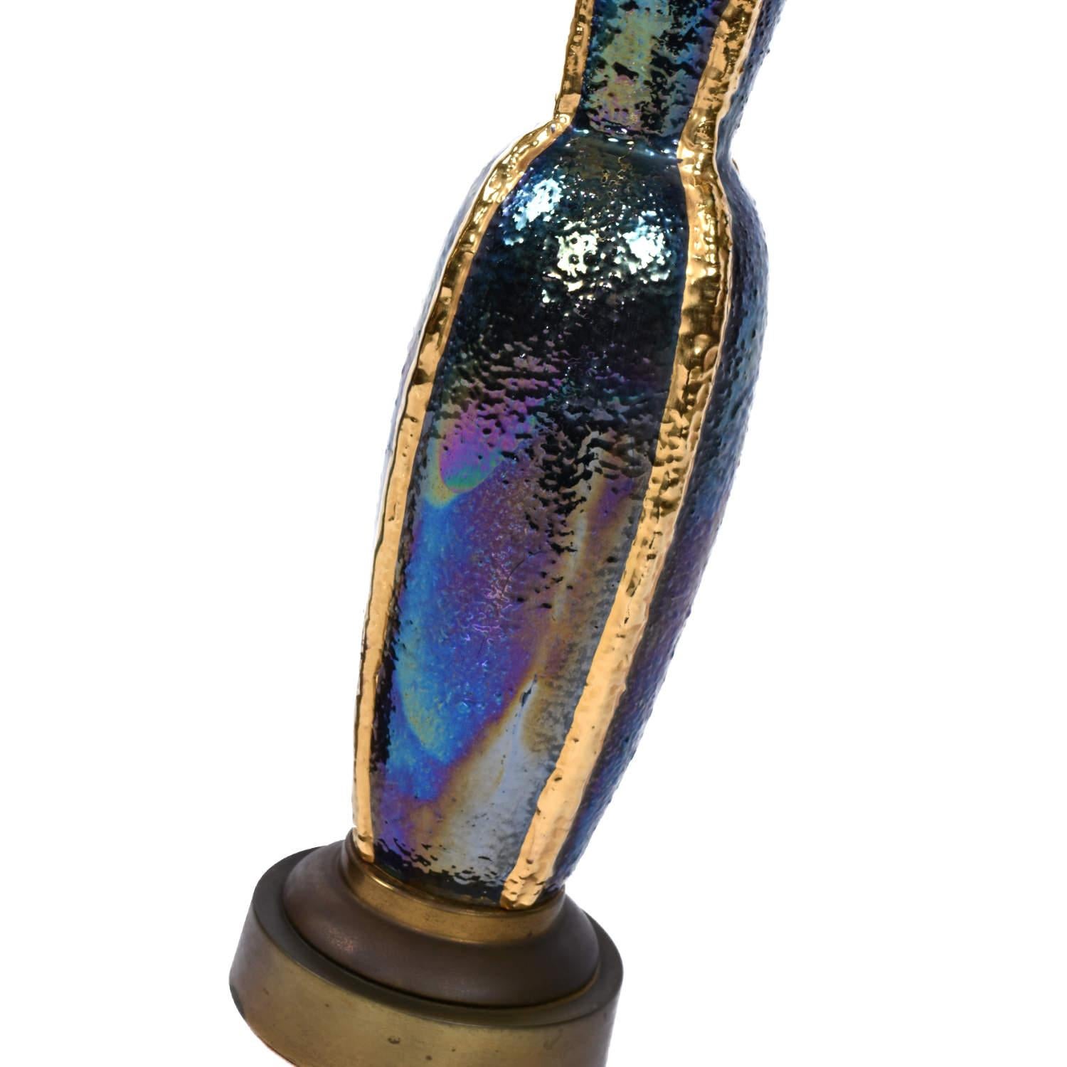 Pair of Iridescent Blue and Gold Mid-Century Modern Urn Shaped Ceramic Lamps For Sale 3