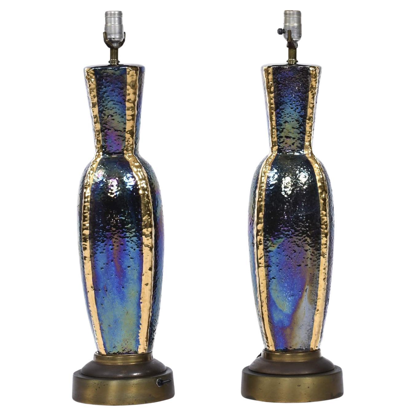 Pair of Iridescent Blue and Gold Mid-Century Modern Urn Shaped Ceramic Lamps For Sale