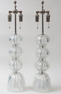 Pair of Murano Iridescent Clear Ball Lamps, Contemporary