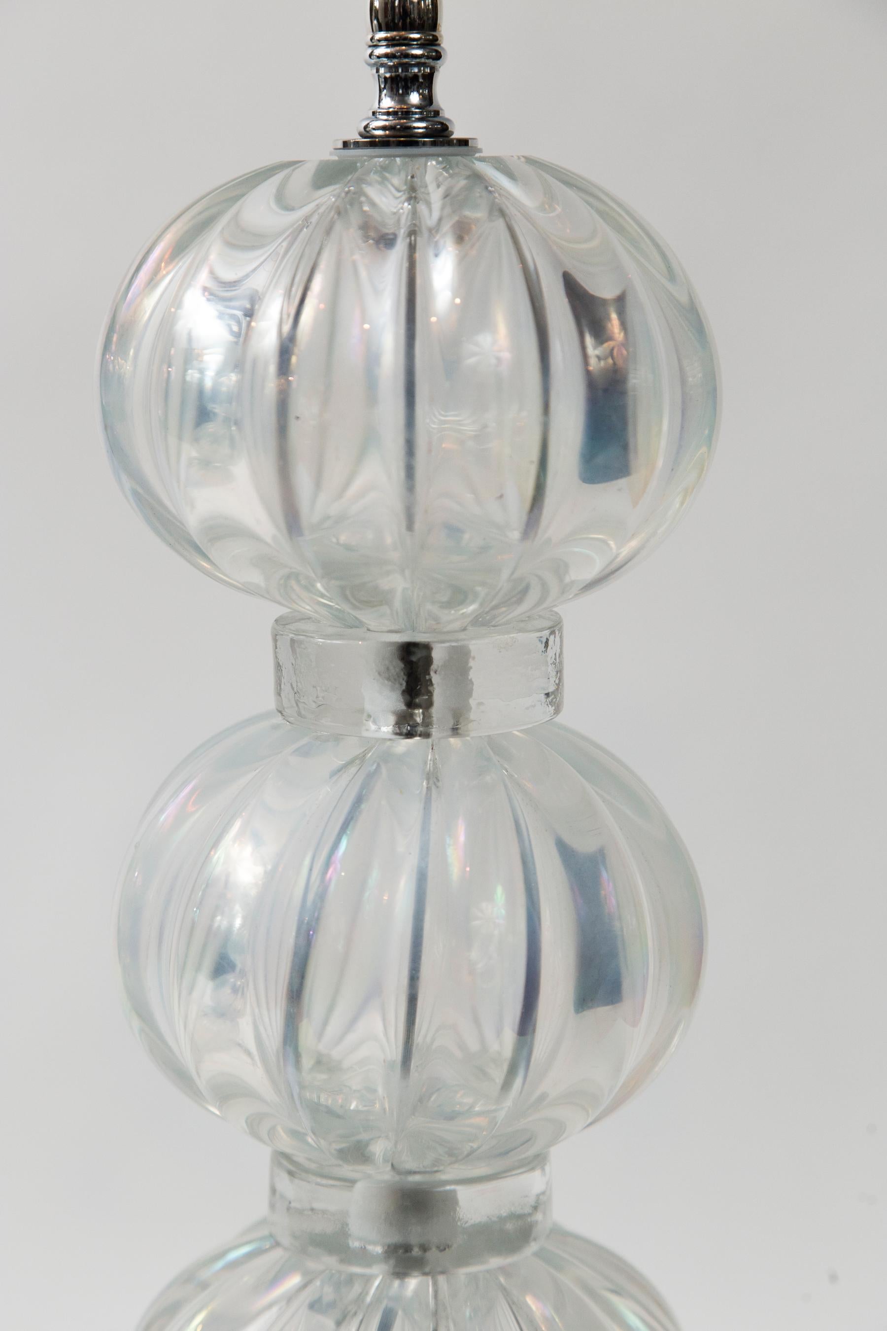 Modern Pair of Murano Iridescent Clear Ball Lamps, Contemporary For Sale