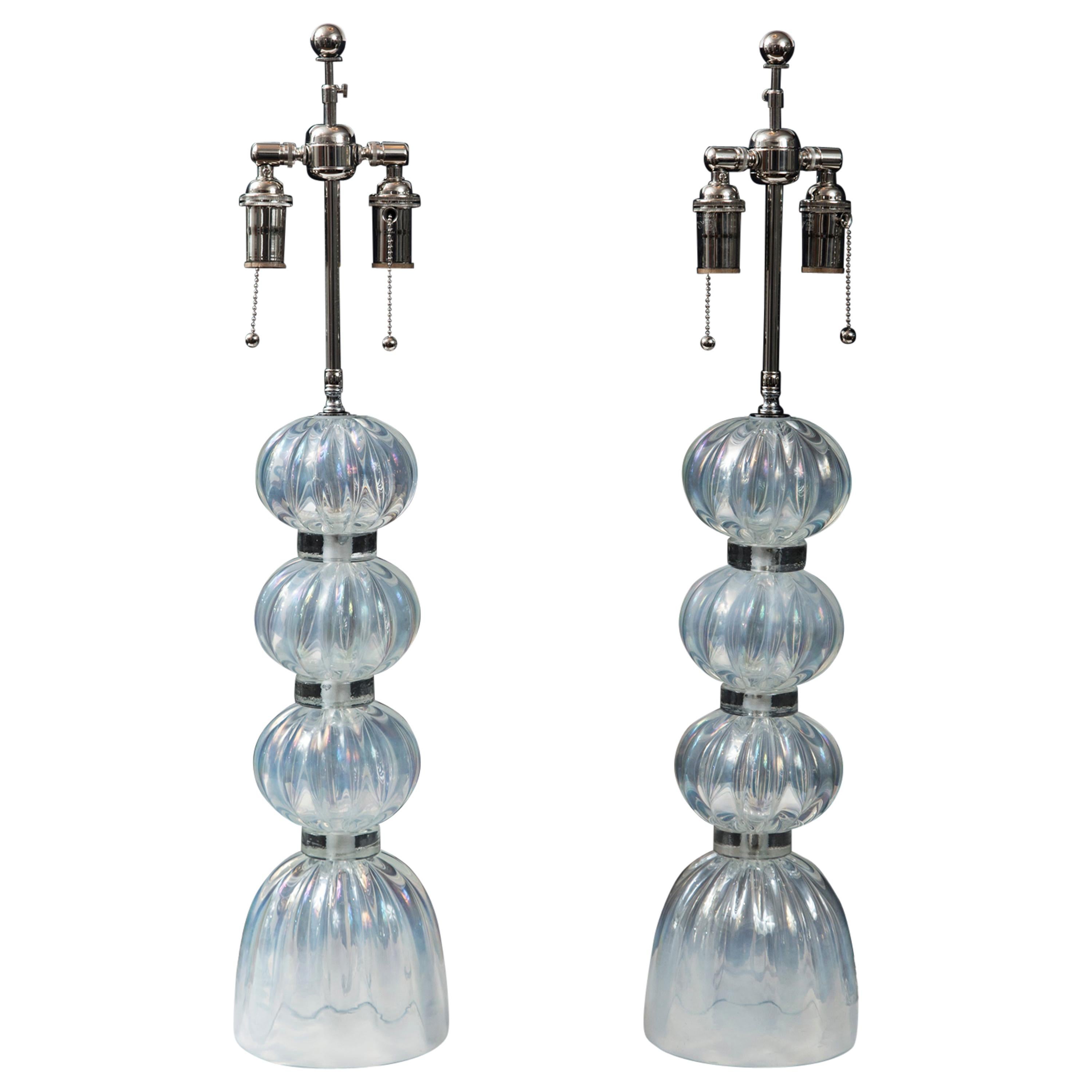 Pair of Murano Iridescent Clear Ball Lamps, Contemporary For Sale
