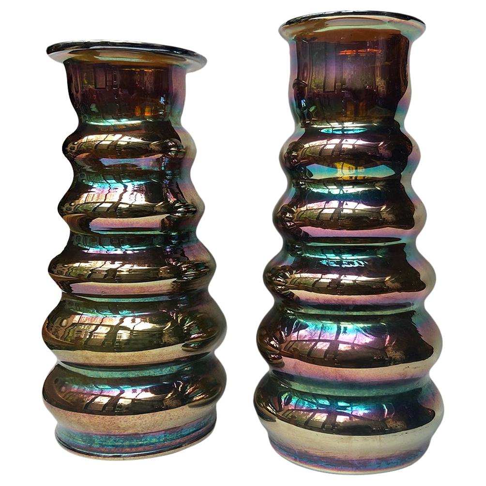 Pair of Iridescent Glass Vases For Sale