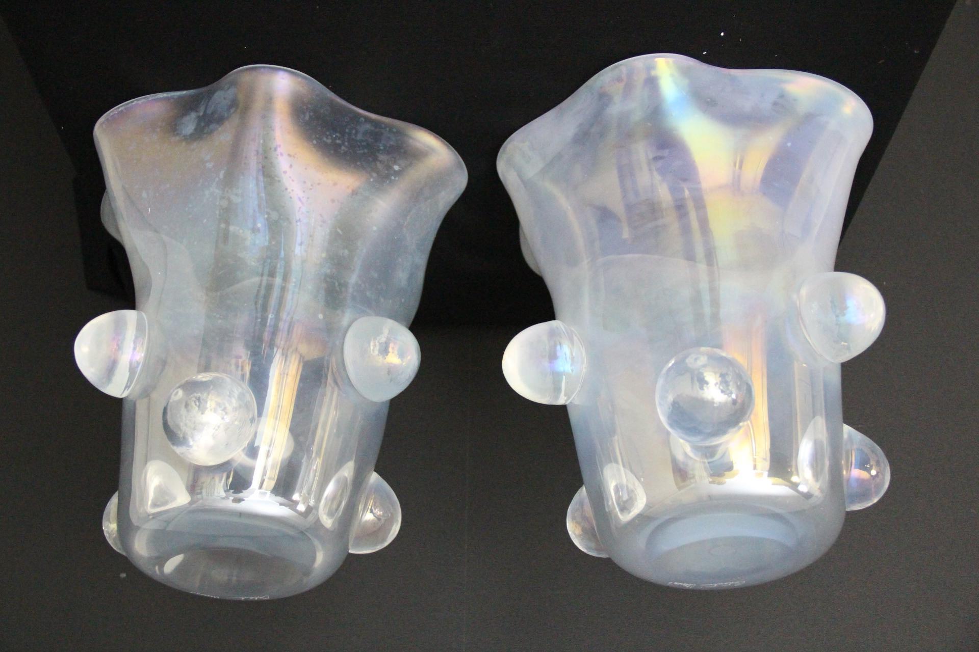 Pair Of Iridescent Mother-of-Pearl Murano Glass Large Vase Signed Cenedese For Sale 5