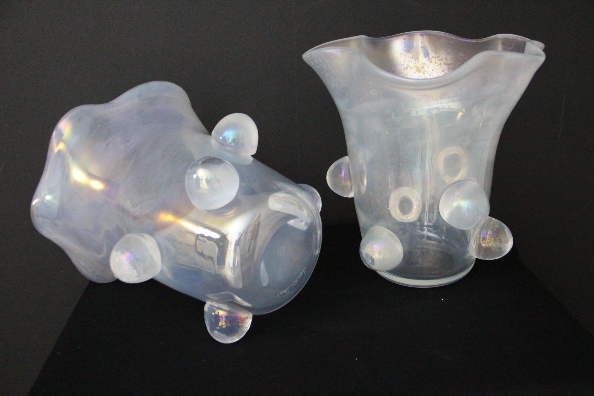 Pair Of Iridescent Mother-of-Pearl Murano Glass Large Vase Signed Cenedese For Sale 11