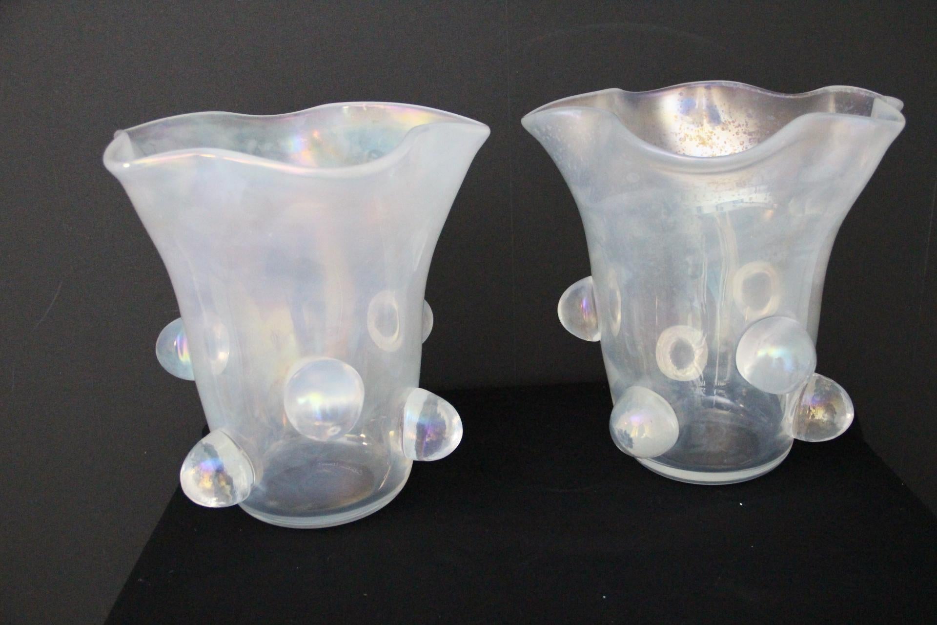 Pair Of Iridescent Mother-of-Pearl Murano Glass Large Vase Signed Cenedese For Sale 12