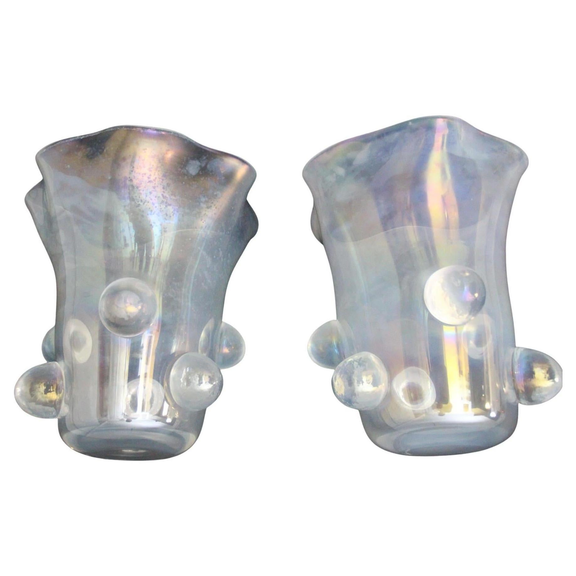Italian Pair Of Iridescent Mother-of-Pearl Murano Glass Large Vase Signed Cenedese For Sale