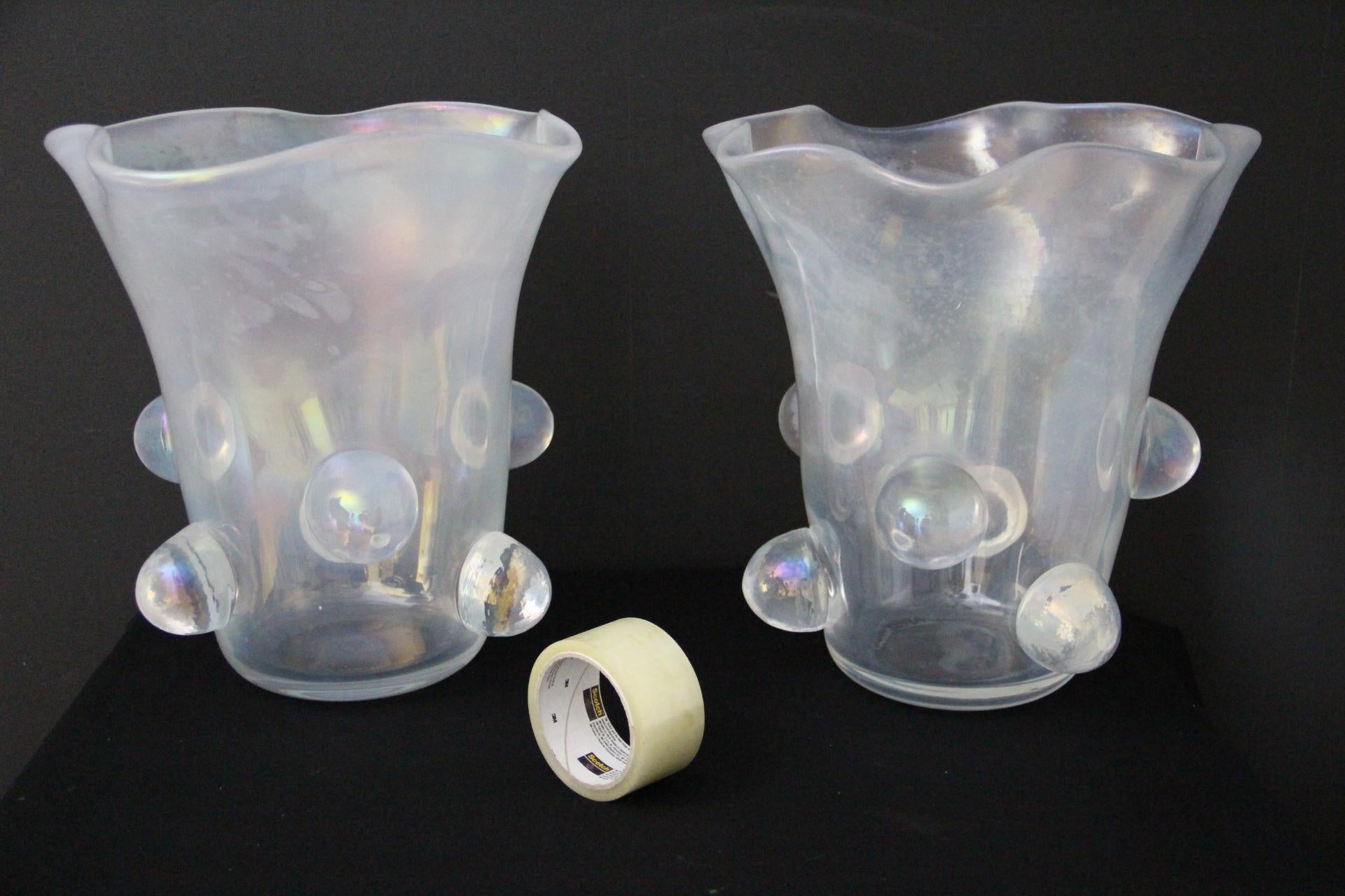 Contemporary Pair Of Iridescent Mother-of-Pearl Murano Glass Large Vase Signed Cenedese For Sale