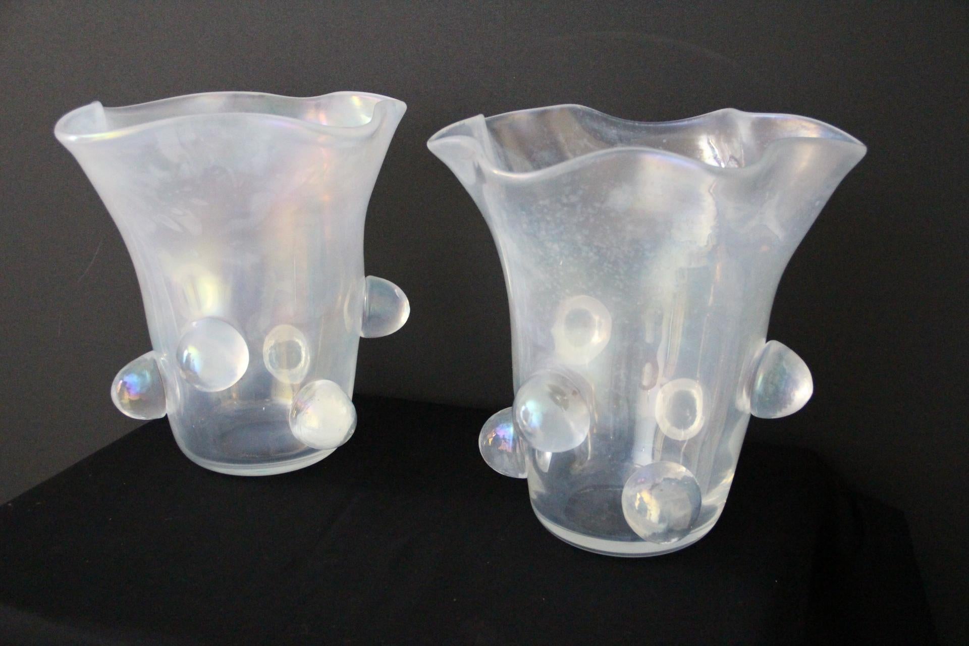 Art Glass Pair Of Iridescent Mother-of-Pearl Murano Glass Large Vase Signed Cenedese For Sale